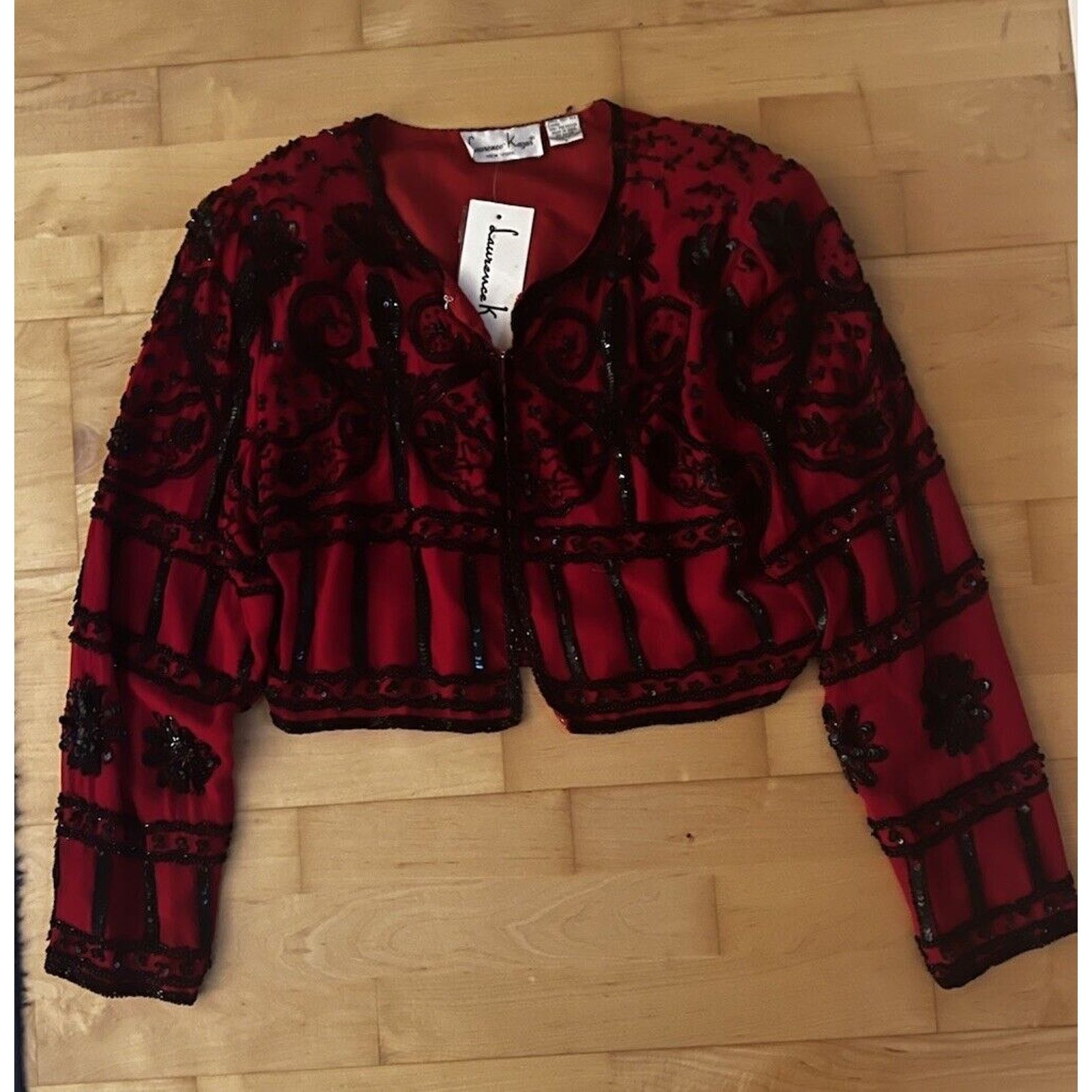 Vintage NWT VTG Laurence Kazar Black Red Cropped Beaded Silk L Size L / US 10 / IT 46 - 1 Thumbnail