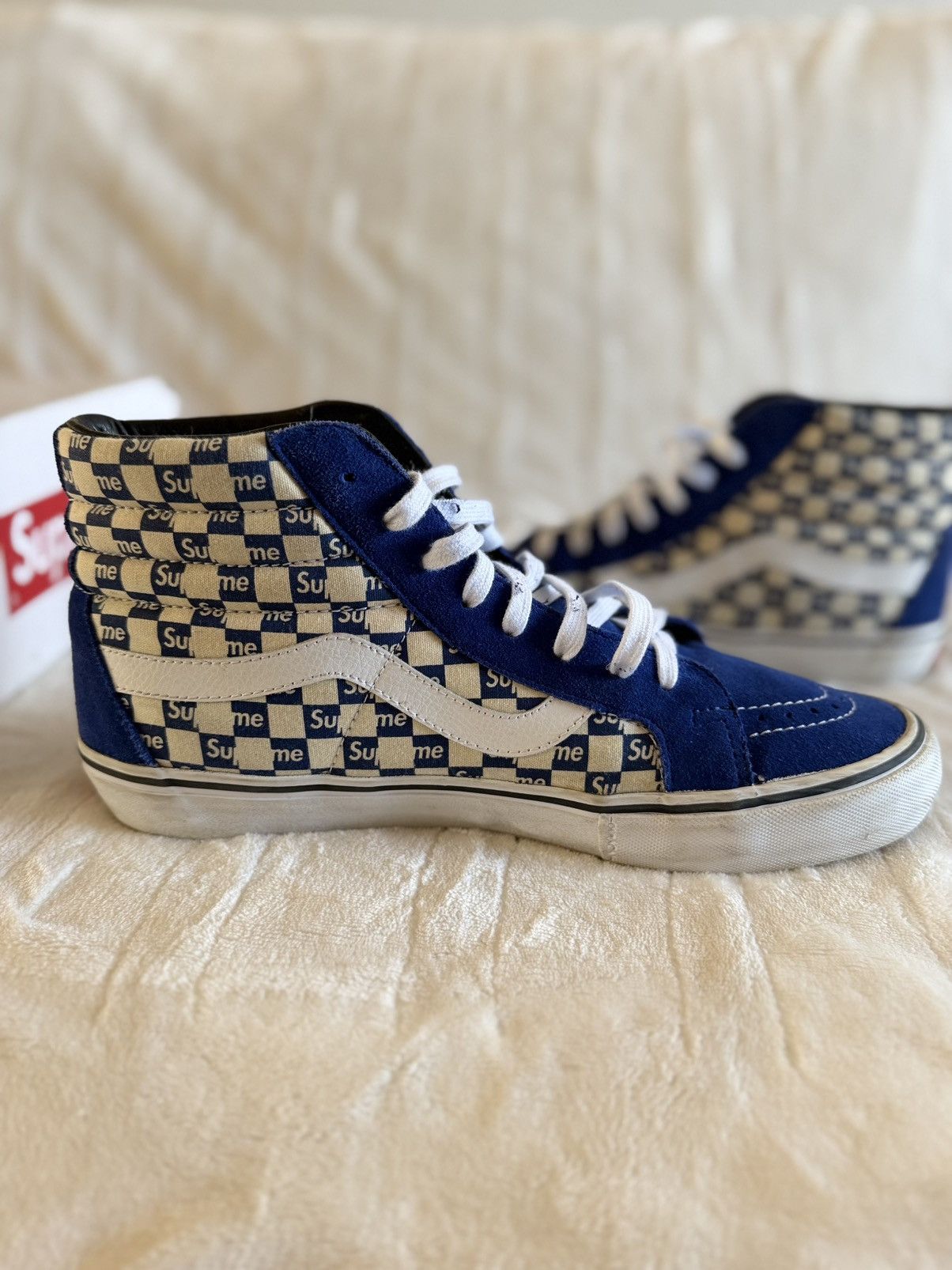 Supreme × Vans Supreme Vans Sk8-Hi Blue Checker Logo FW16 W/Original Box Size US 12 / EU 45 - 4 Thumbnail