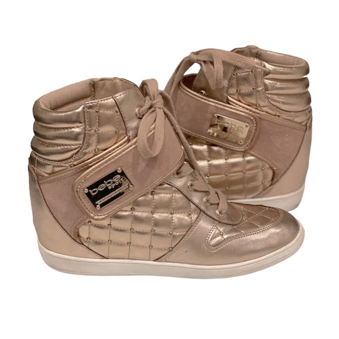 Bebe Retro Bebe Pink Rose Gold High Top Sneakers Wedge Shoes 7 Size US 7 / IT 37 - 2 Thumbnail