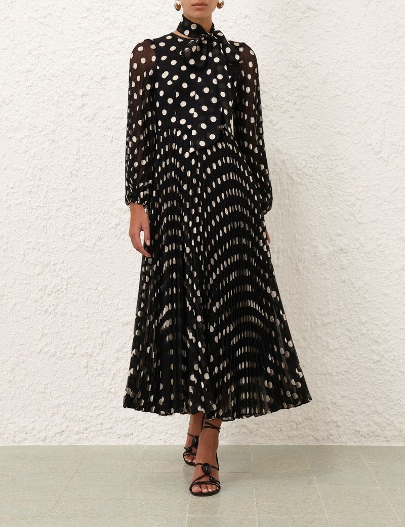 Zimmermann oc11z0226 Pussybow Midi Dress In Black/White Size L / US 10 / IT 46 - 2 Thumbnail