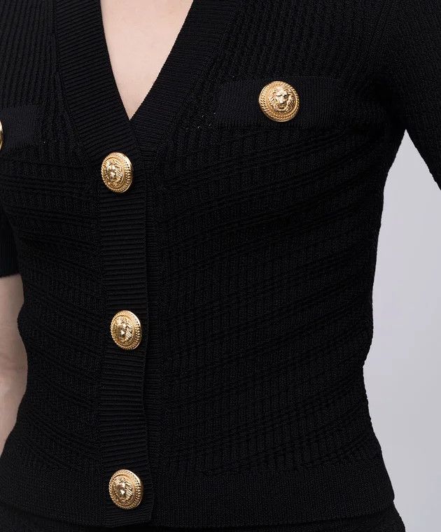 Balmain o1s1wg110526 Black Short-Sleeved Patterned Cardigan in Black Size L / US 10 / IT 46 - 5 Thumbnail