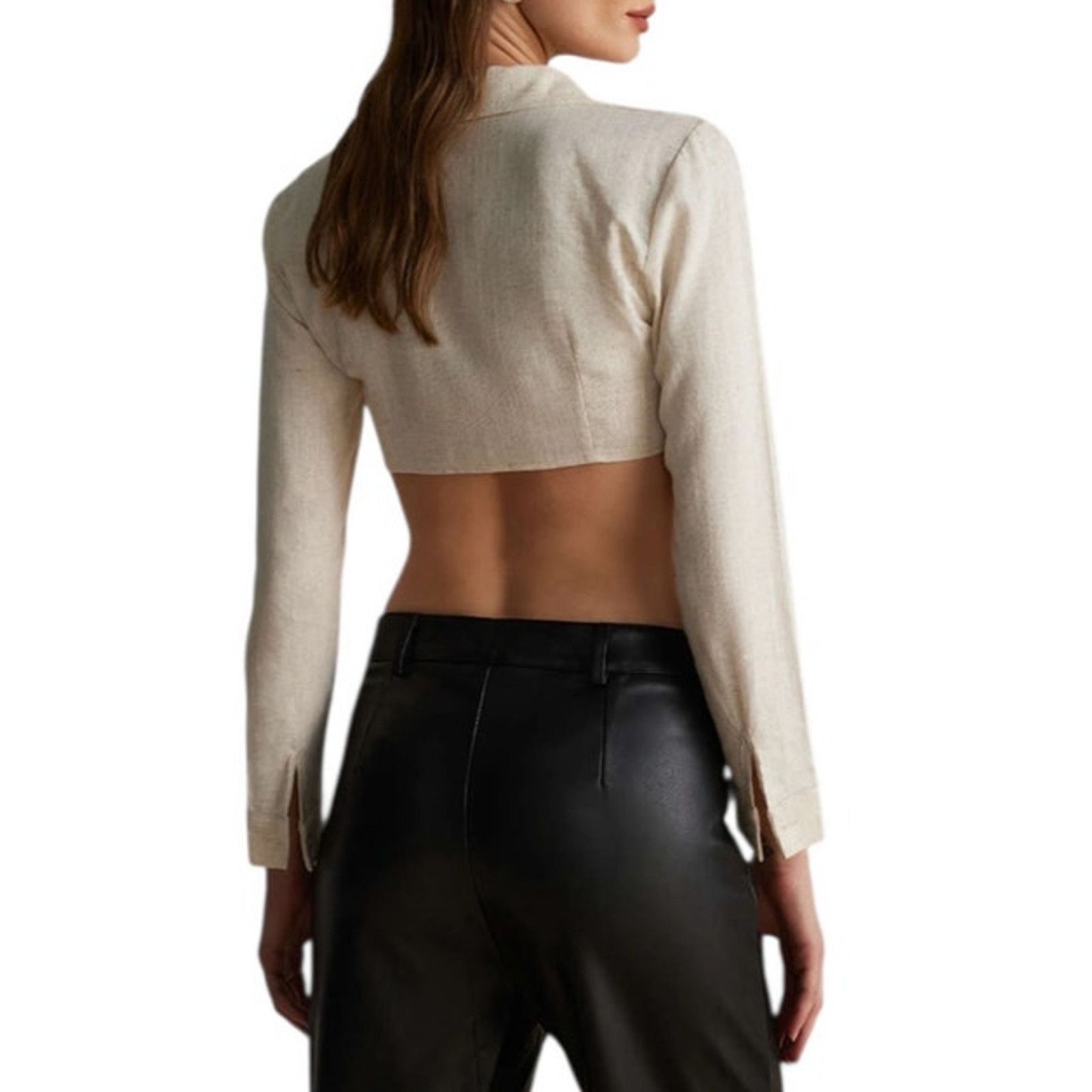 Other Beige Colorblock Faux Leather Linen Ruched Long-Sleeve Shirt Size L / US 10 / IT 46 - 6 Thumbnail