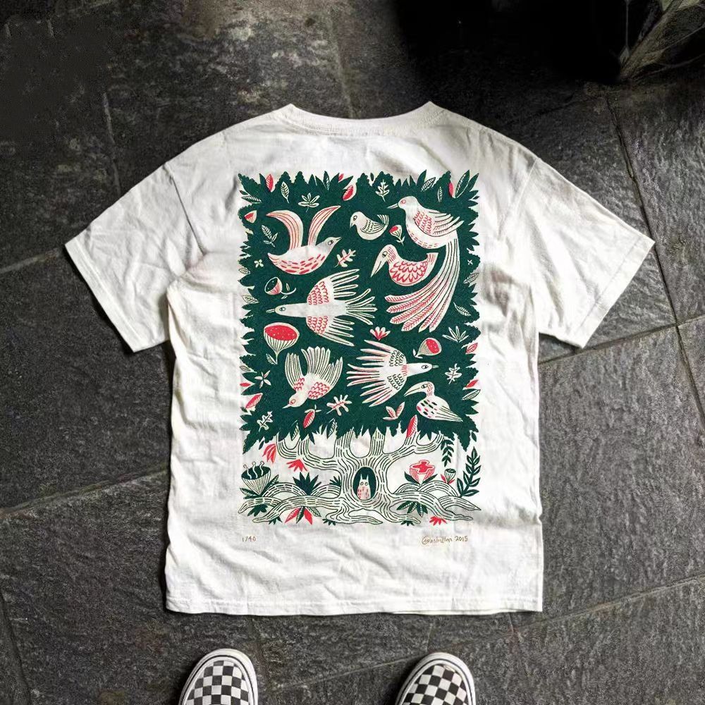 Vintage White retro pigeon print cotton t-shirt Size US M / EU 48-50 / 2 - 1 Thumbnail
