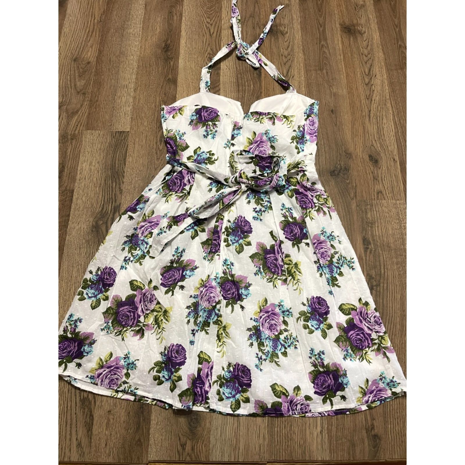 Vintage City Triangles Dress, Women's Size 9, Halter, Floral, White, Purple, Blue, Green - Fit & Flare, Short, Casual, Regular, Spring Summer Fall, Womens Size M / US 6-8 / IT 42-44 - 2 Thumbnail