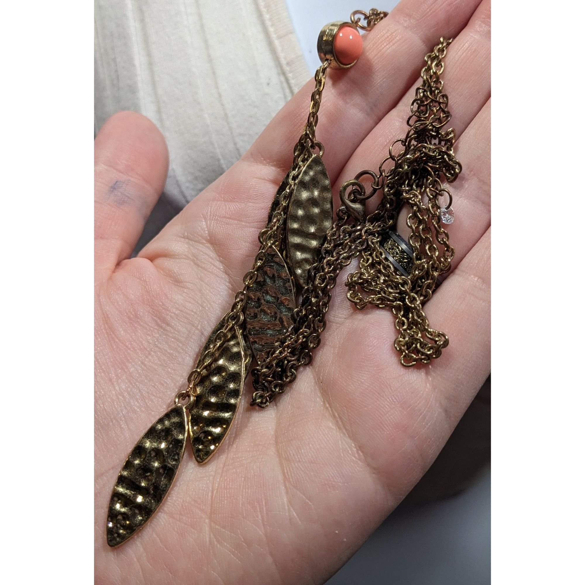 Other Bohemian Hammered Leaf Tassel Necklace Gold Tone With Orange Size ONE SIZE - 3 Thumbnail