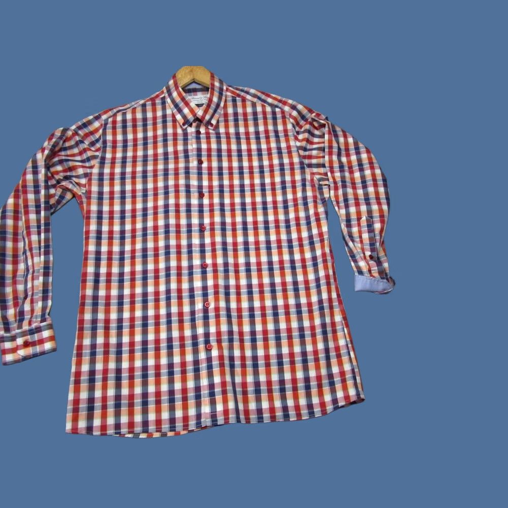 Essentials Boswell & Sons Shirt Mens 16.5 42 Red Blue Tartan Plaid Essential Flip Cuff Size US XL / EU 56 / 4 - 1 Thumbnail