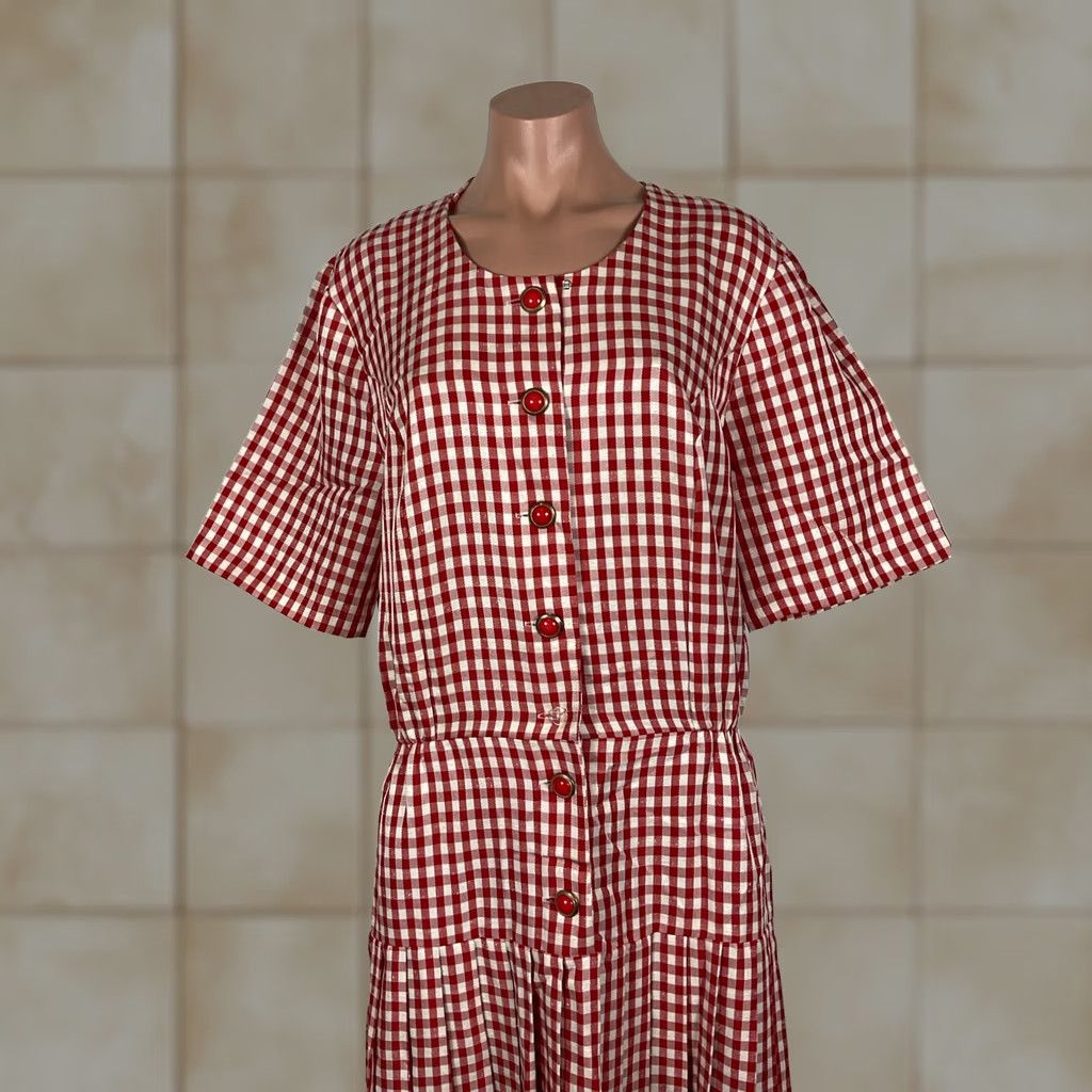 Vintage Vtg 80s Dress Western Cowgirl Red Checkered Midi A-Line Button Down sz L Size L / US 10 / IT 46 - 1 Thumbnail