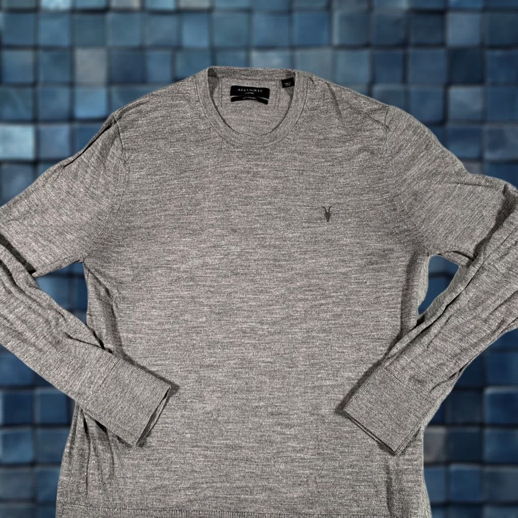 Allsaints VINTAGE? AllSaints Sweater Mens XL Gray 100% Merino Wool Crewneck Logo Knit Lightweight Ribbed Cuffs Hem Neckline Mens Size US XL / EU 56 / 4 - 1 Thumbnail