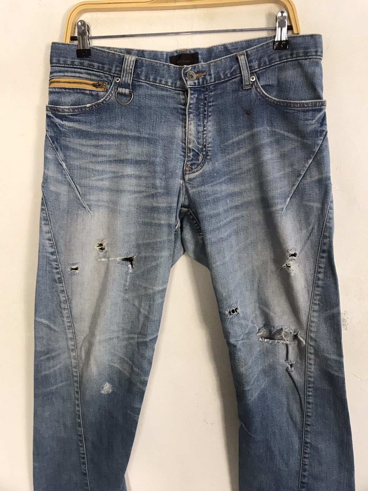 Designer Tete Homme Issey Miyake Cargo Bondage Denim Jeans Pants Size US 33 - 3 Thumbnail