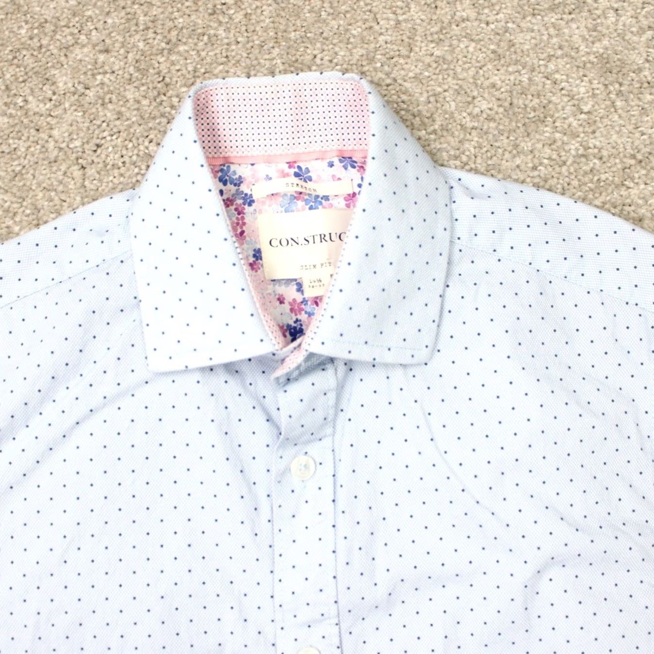 Vintage Construct Shirt Men 14 1/2, 32/33 Blue/Pink Slim Fit Stretch Cotton L/S Dress Shirt Size US M / EU 48-50 / 2 - 6 Thumbnail