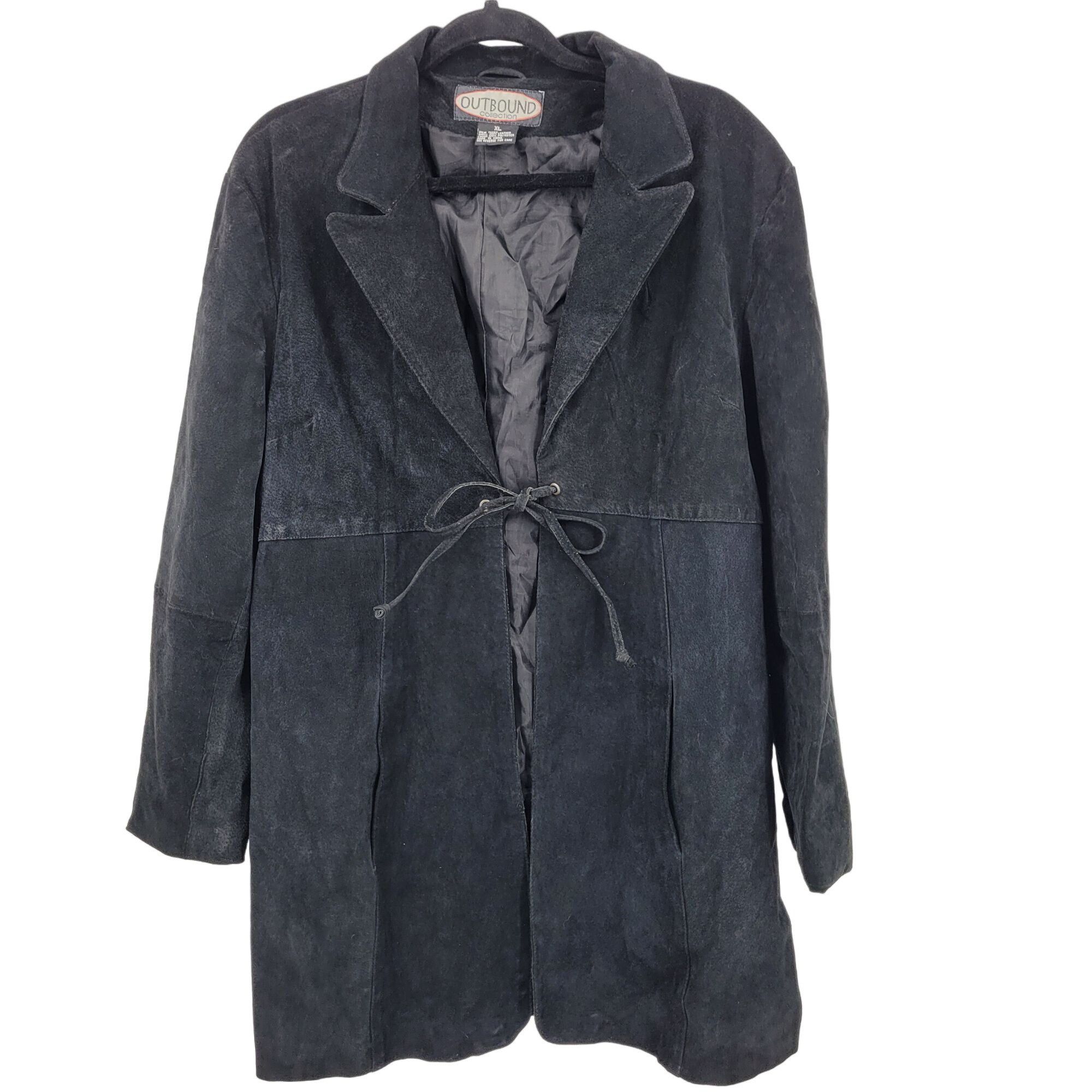 Vintage 80s Leather Jacket XL Black Suede Leather Long Tie