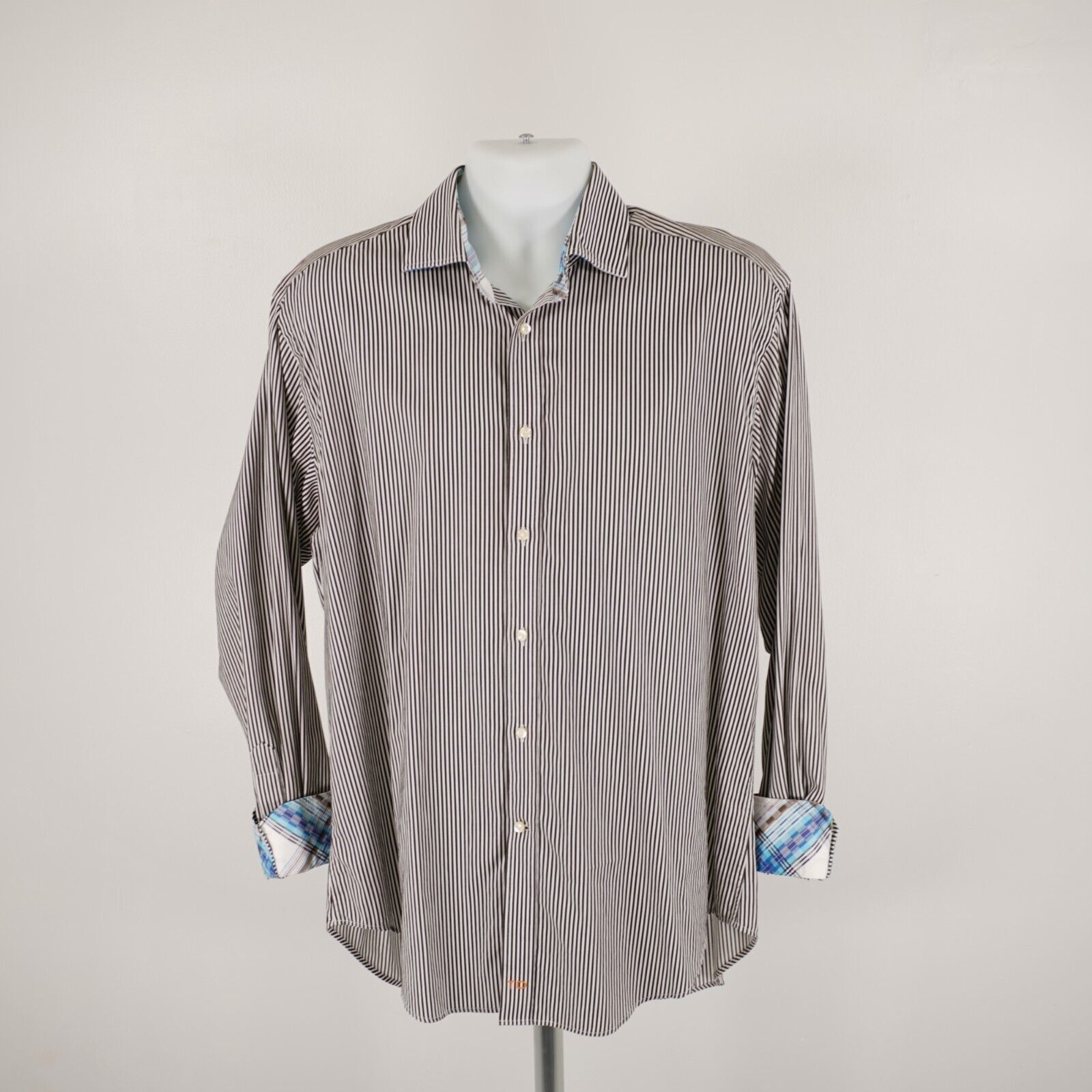 Designer Thomas Dean Brown Striped Pima Cotton Flip Cuff Large Collar Size US L / EU 52-54 / 3 - 5 Thumbnail