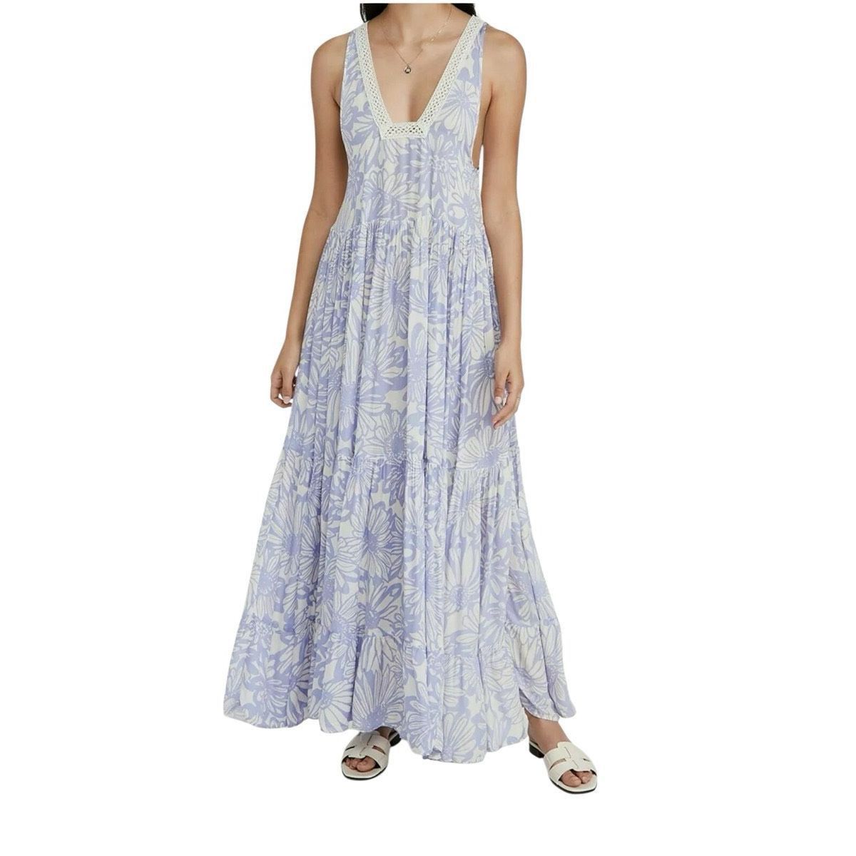 Free People Free People Blue White Floral Tiers for You Maxi Dress Croch Size XS / US 0-2 / IT 36-38 - 3 Thumbnail