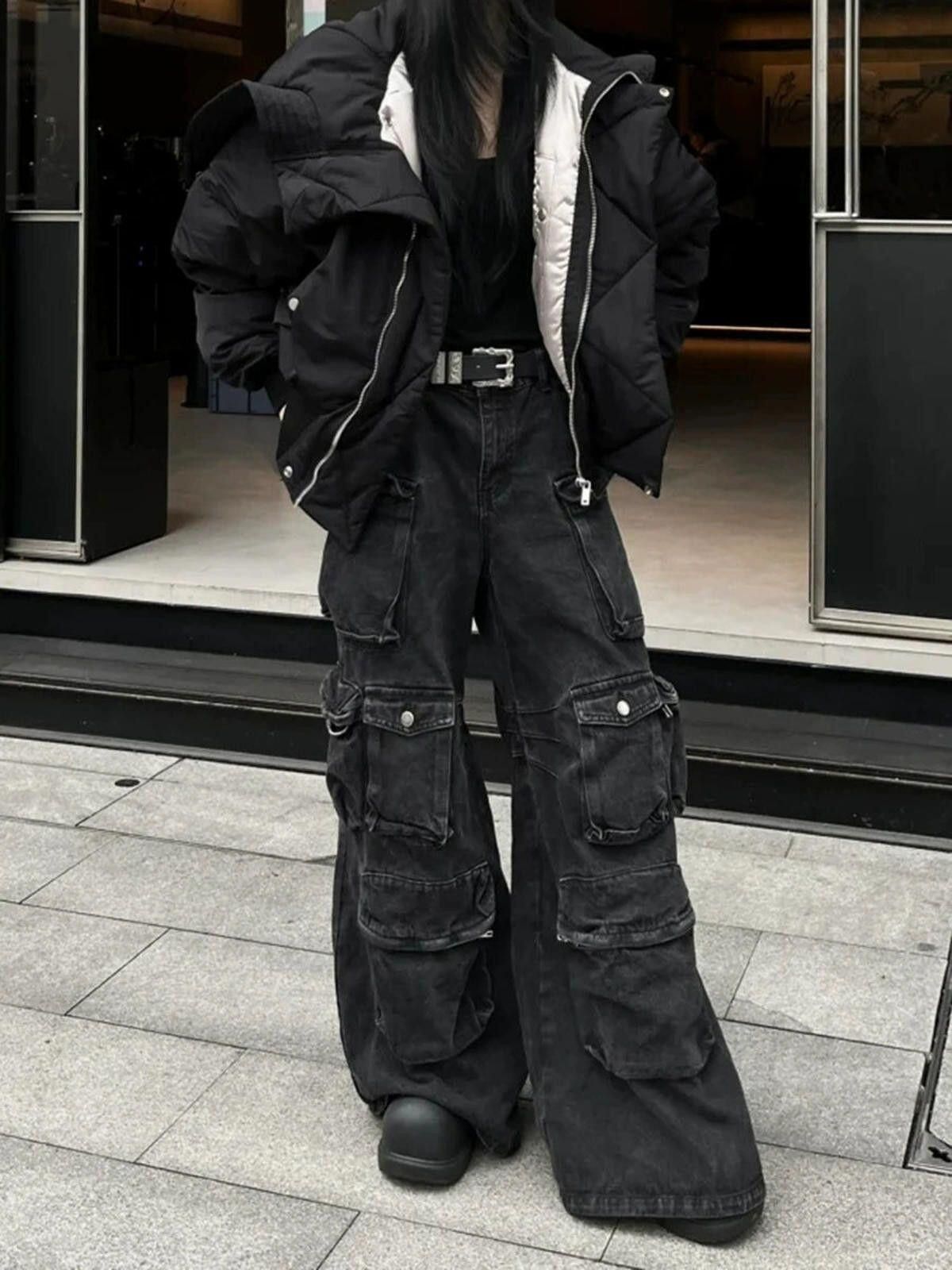 Jean Black Baggy Distressed Cargo Jeans, Wide Leg Pants Size US 30 / EU 46 - 1 Thumbnail