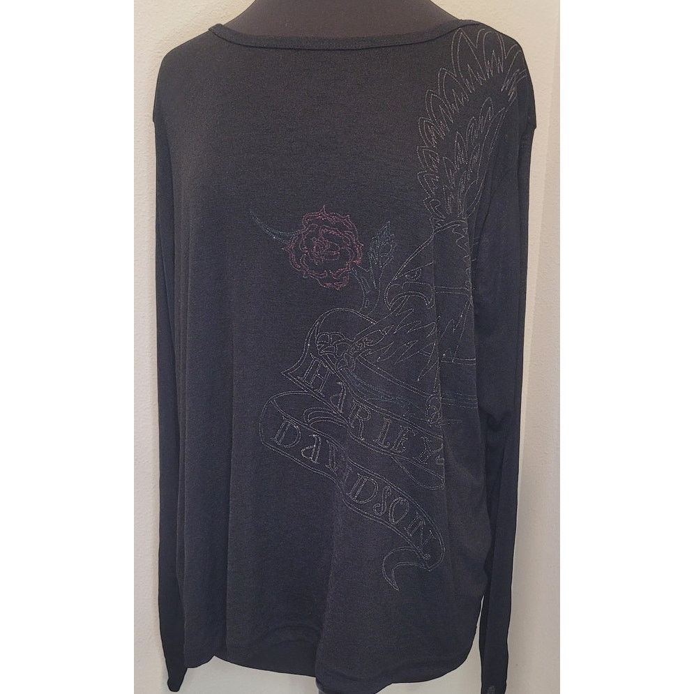Vtg 90s Harley Davidson Black Mesh Bling Long Sleeve Top 2W