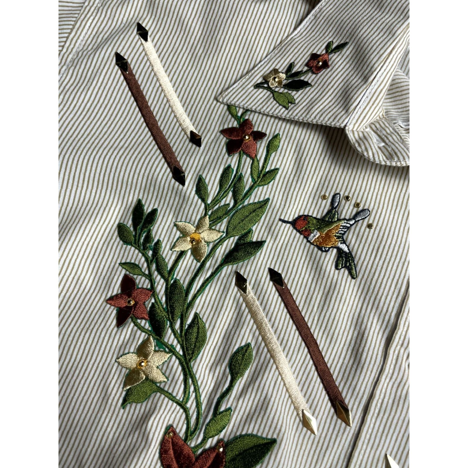 Vintage Las Olas Shirt Womens Small Cream Brown Striped Floral Embroidered Humming Bird Size S / US 4 / IT 40 - 4 Thumbnail