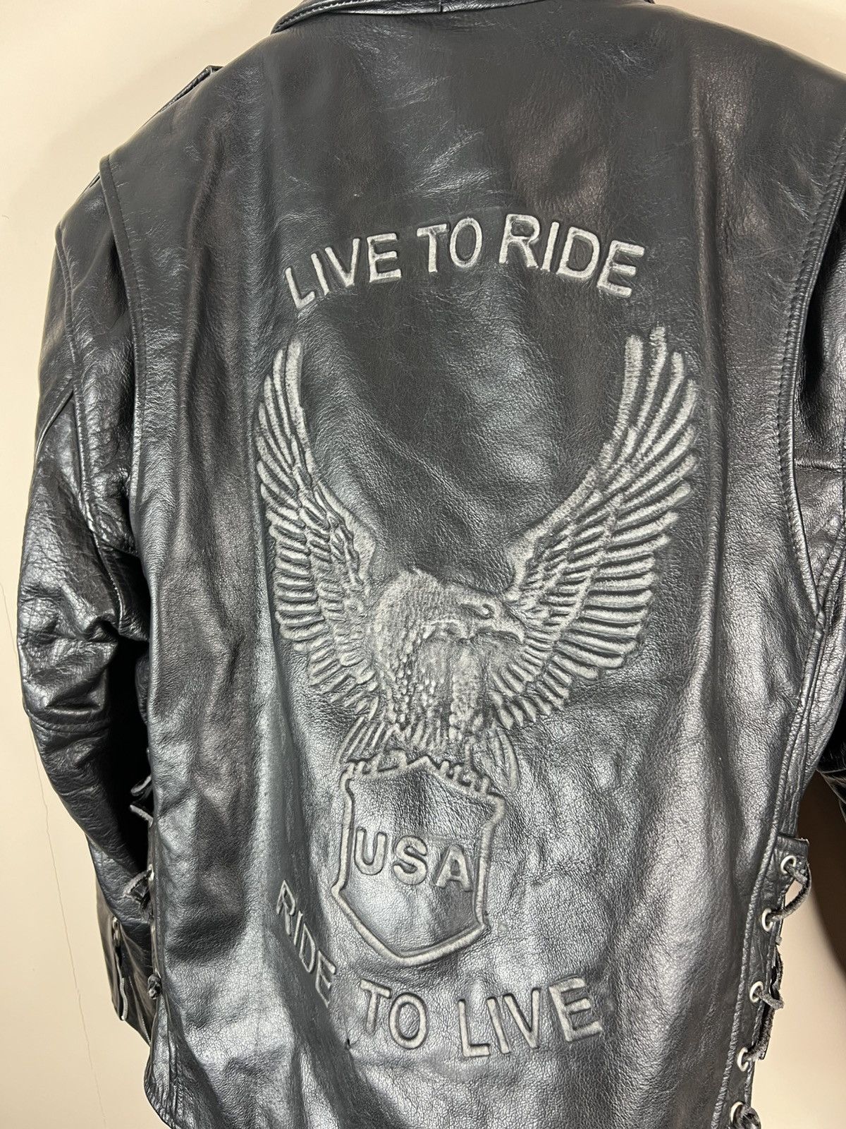 Vintage 🖤VINTAGE LEATHER BIKER RICK OWENS USA🇺🇸 LIVE TO ROAD 🔥JACKET Size US L / EU 52-54 / 3 - 9 Thumbnail