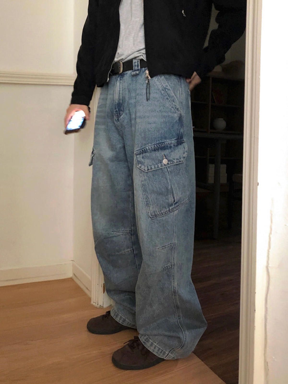 Blue Baggy Cargo Denim Jeans Loose Fit Men's Jeans