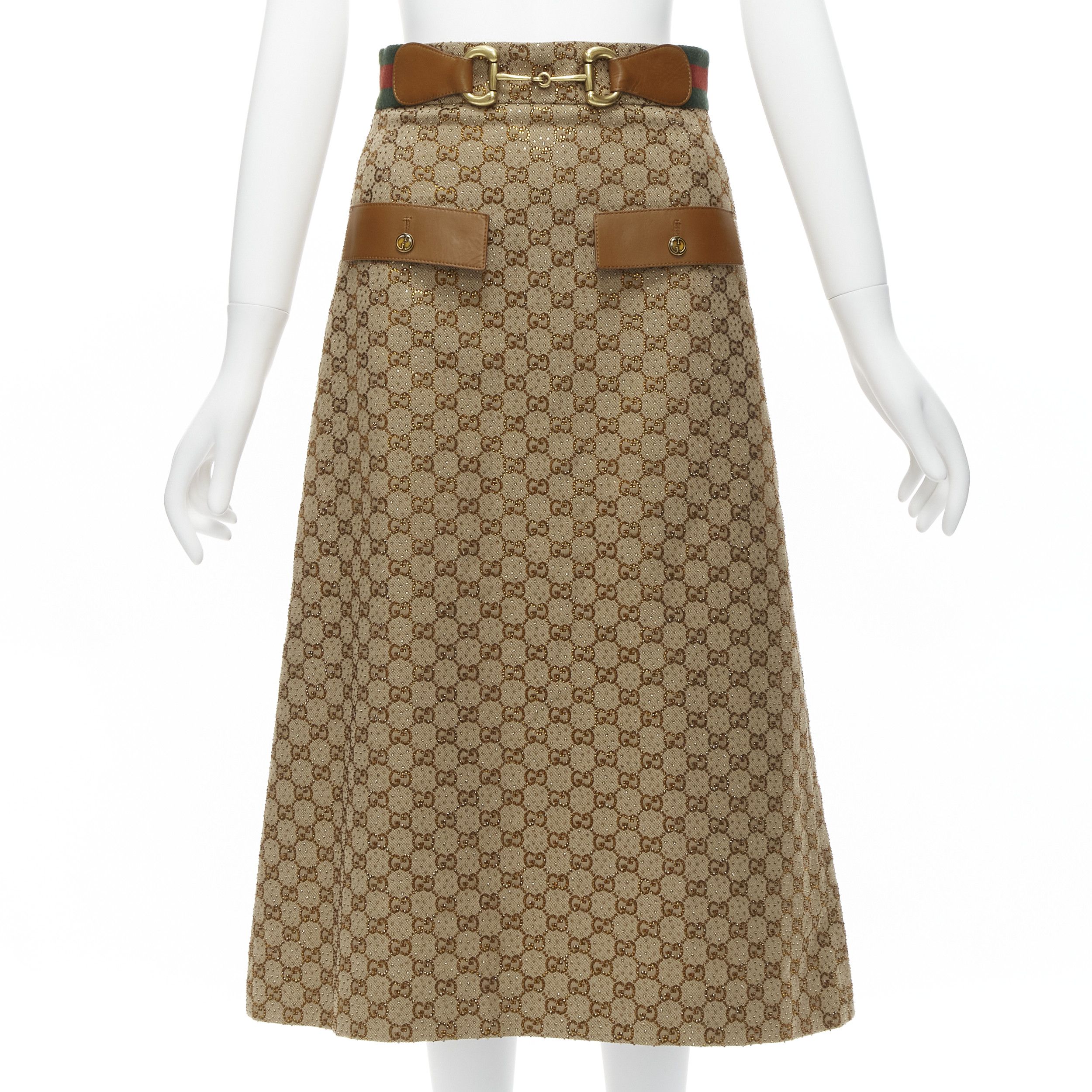 Gucci GUCCI GG logo monogram yellow crystal brown leather horse bit A-line midi skirt IT38 XS Size 26" / US 2 / IT 38 - 1 Thumbnail