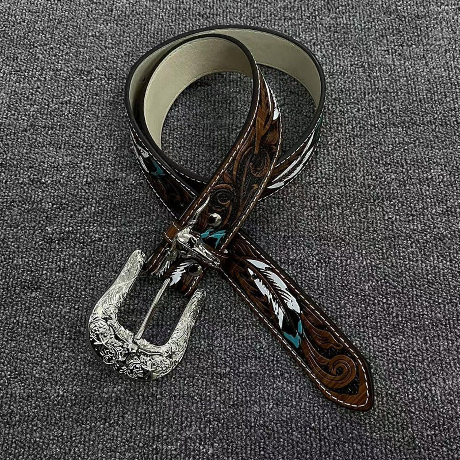 Other Western Embossed Feather Belt | Vintage Brown Cowboy Street Size ONE SIZE - 4 Thumbnail