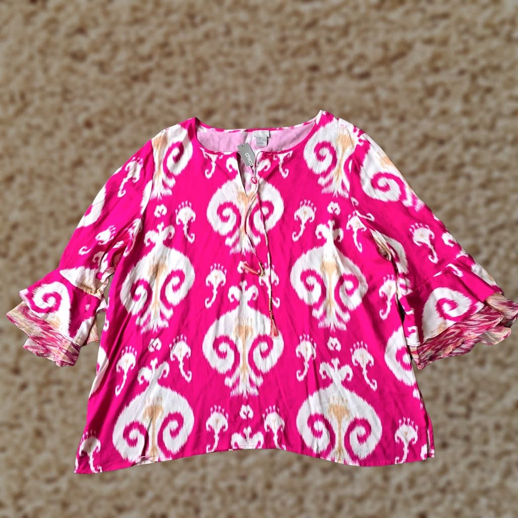 Vintage Chico's Top Womens Size 22 Pink Ikat Flare Sleeve V Neck Tassels Beachy Casual Blouse Size 3XL / US 20-22 - 1 Thumbnail