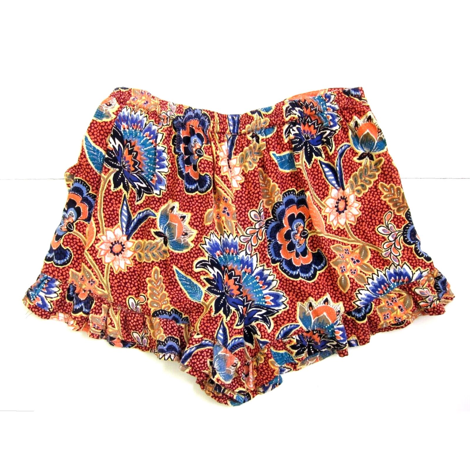 Vintage Angie Women Floral High Rise Ruffle Wrap Shorts 100% Rayon Orange Blue Large Size 36" / US 14 / IT 50 - 2 Thumbnail