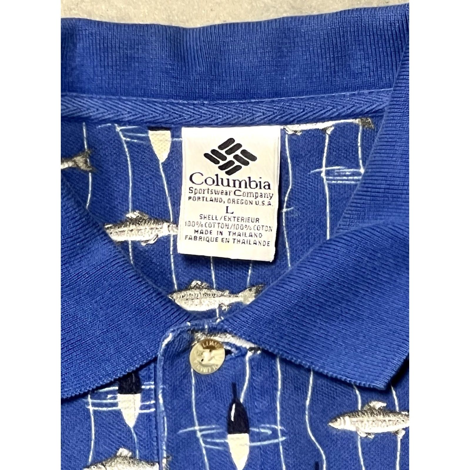 Vintage Columbia Polo Shirt Men’s Large Blue Fish Print Golf Outdoor Casual Shirt Short Sleeve Knit Cotton 100% Classic Fit Button Closure Size US L / EU 52-54 / 3 - 3 Thumbnail