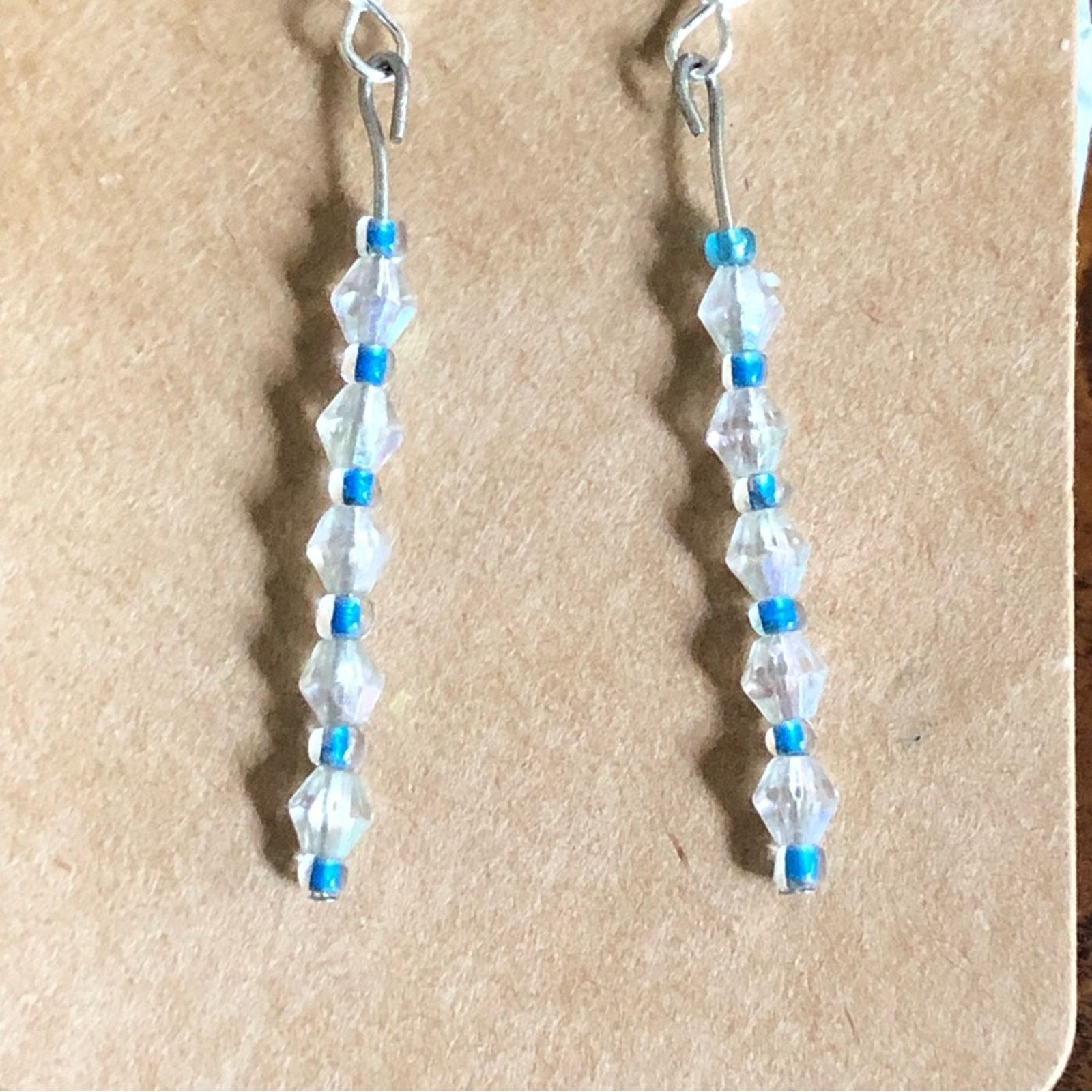 Handmade Handcrafted clear bicone and blue beaded dangle earrings Size ONE SIZE - 3 Thumbnail