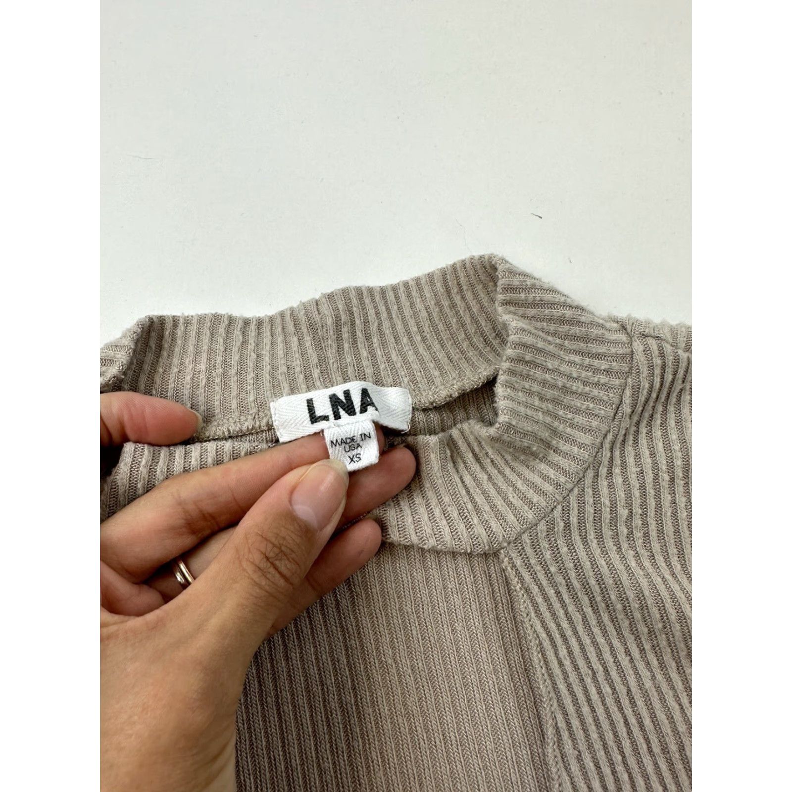 Vintage LNA Knit Top Women’s XS Beige Ribbed Keyhole Choker Neck Modal Blend Pullover Sweater Slim Long Sleeve Bardot Size XS / US 0-2 / IT 36-38 - 3 Thumbnail