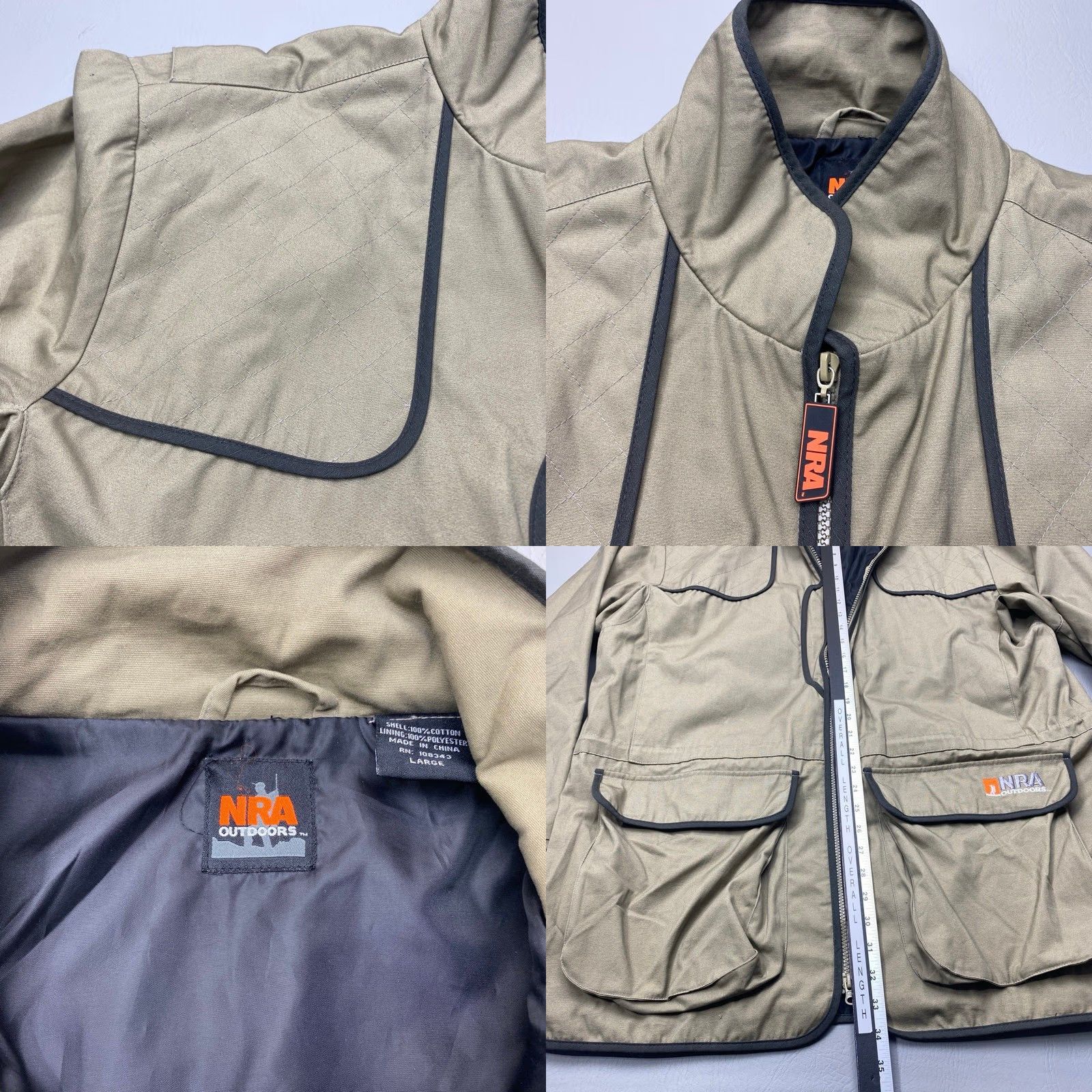 NRA Outdoors Jacket Mens Large Tan Uninsulated Range Coat Two Way Zipper Pockets