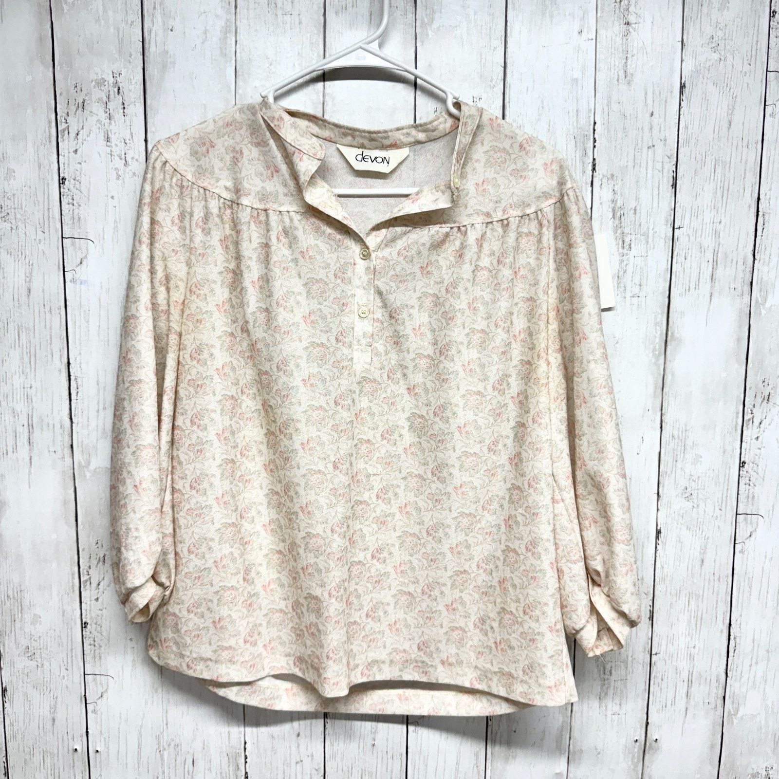Other Devon Blouse Sz Medium Cream Vtg Floral Smocked Long Sleeve Size M / US 6-8 / IT 42-44 - 1 Thumbnail