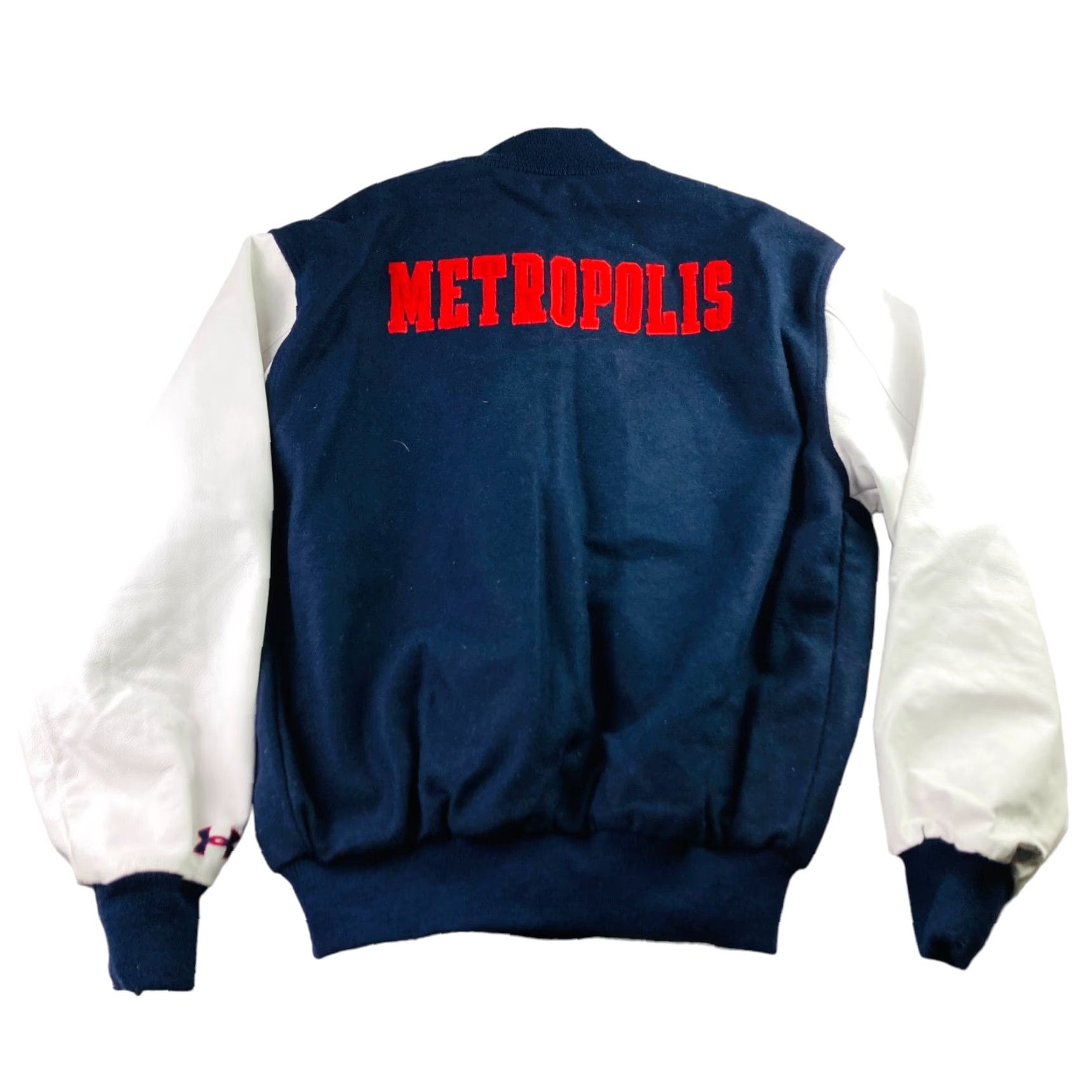 Under Armour Under Armour Metropolis Alter Ego Varsity Jacket Navy/White 2XL Mens Wool/Nylon Snap Button Pockets Leather Arms Regular Size Guide Size US XXL / EU 58 / 5 - 2 Thumbnail