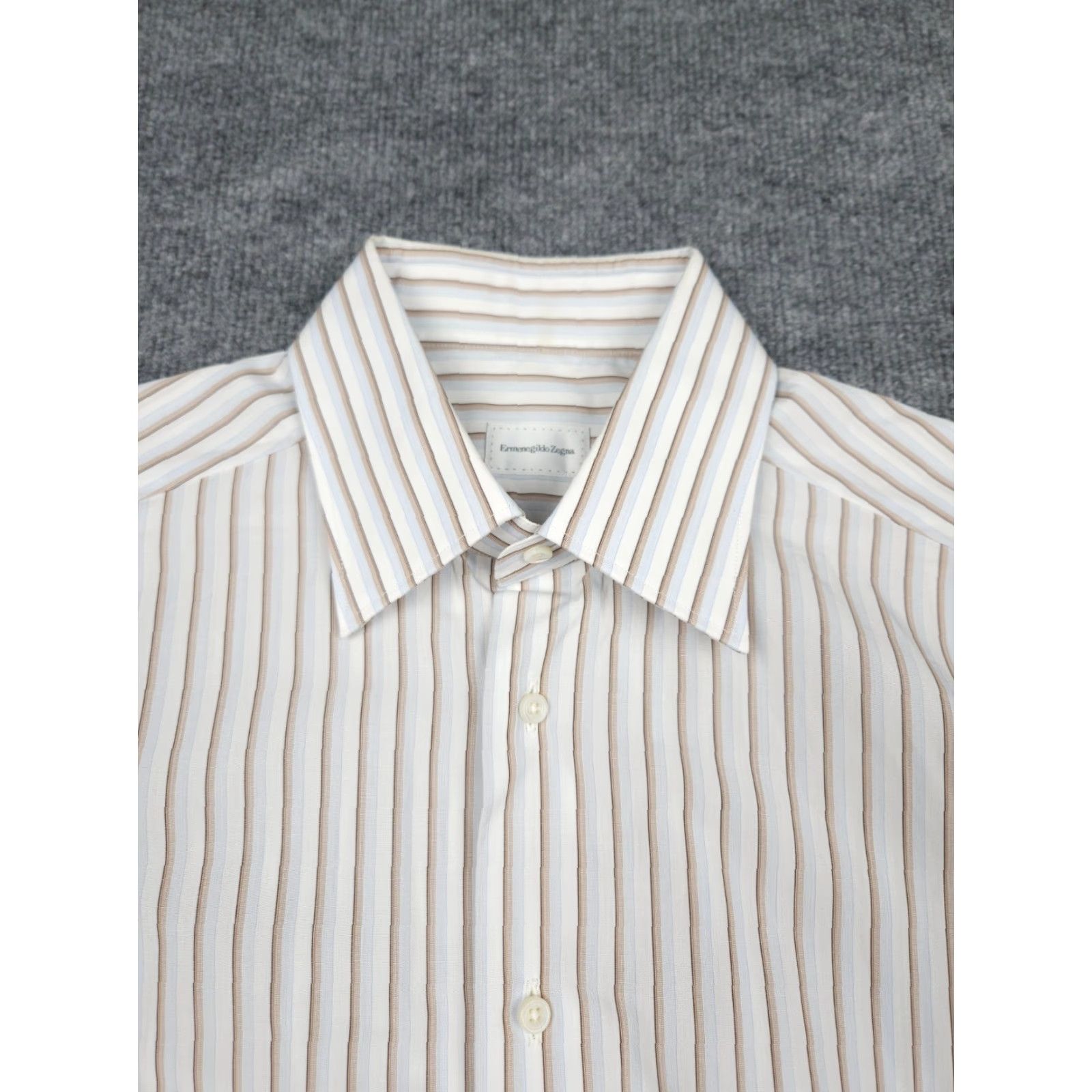 Ermenegildo Zegna Ermenegildo Zegna Dress Shirt Mens 43" Chest Striped White Beige Cotton Size 40R - 2 Thumbnail