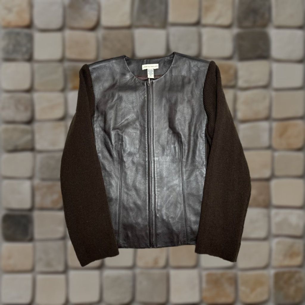 LORD & TAYLOR Leather Jacket Womens 6 Brown Wool Paneling Full Zip Round Neck Jacket