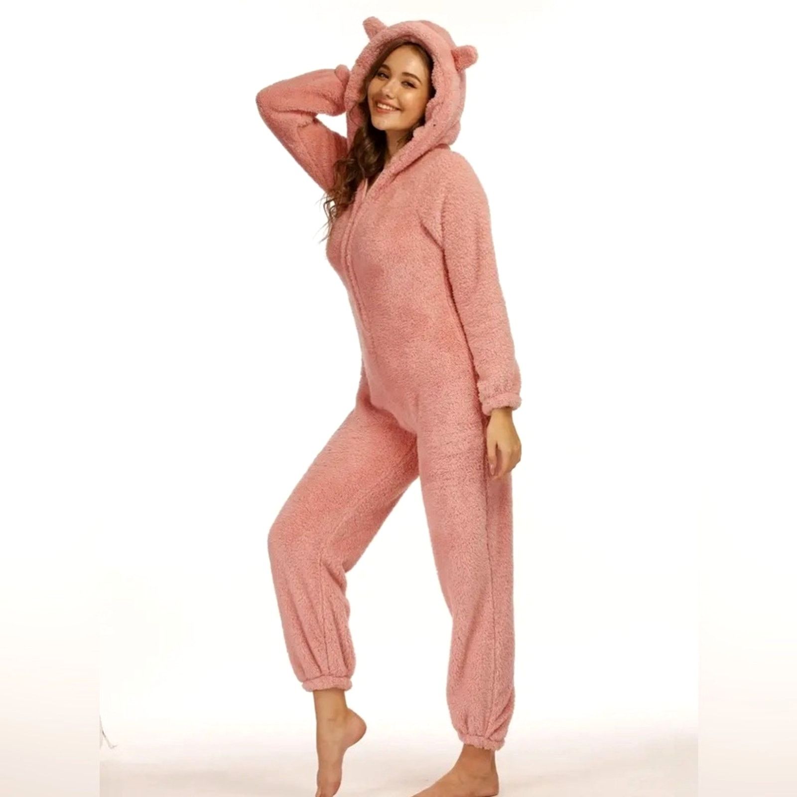 Other Zip Up Hooded Teddy Jumpsuit with Ears Black - size M Size 29" - 7 Thumbnail