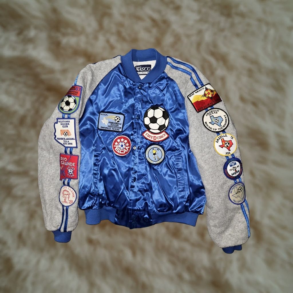 Vintage VINTAGE NASCO Jacket Mens Large Blue Satin Bomber Soccer Patches Made USA 80s Size US L / EU 52-54 / 3 - 1 Thumbnail