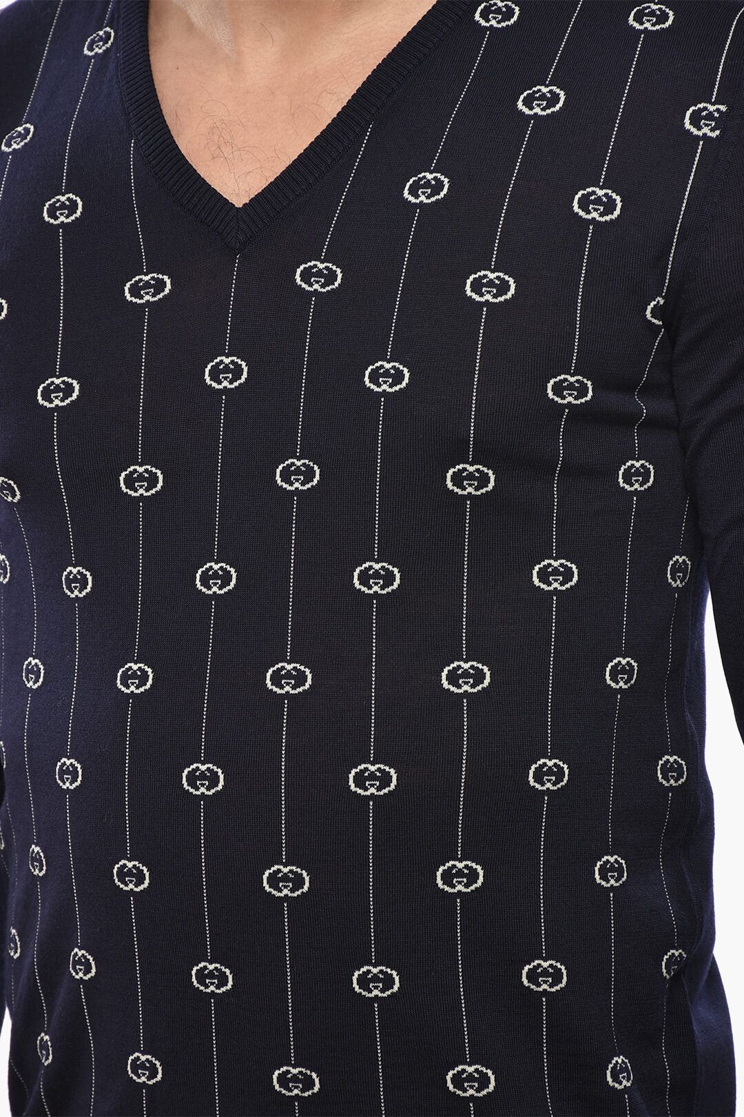 Gucci og1mm0426 Wool E Nylon Iconic-Pattern V-Neck Sweater Blue Size US S / EU 44-46 / 1 - 3 Thumbnail