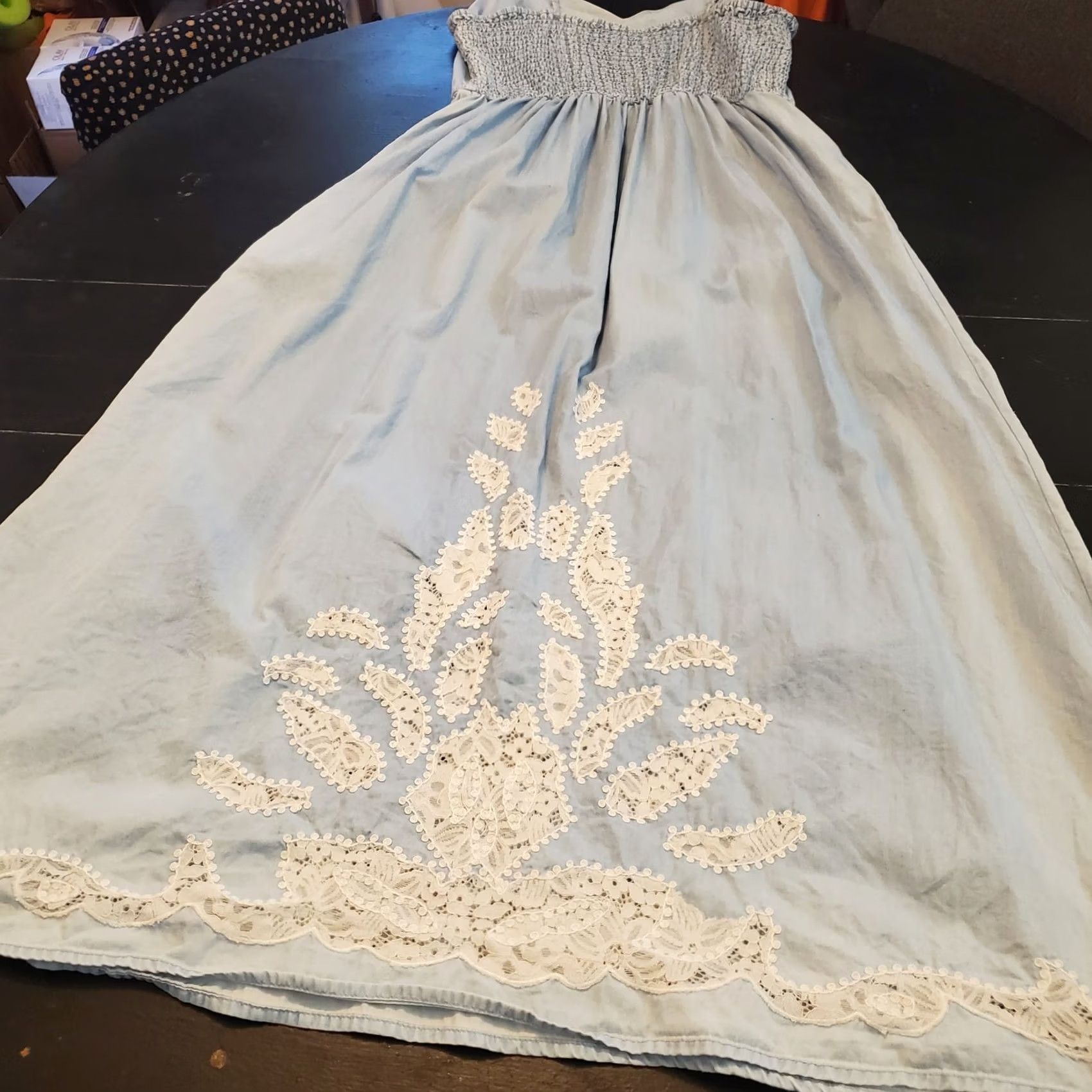 Denime Bohme Denim Chambray Lace Cut Out Maxi Dress Womens M Casual Hippe Boho 90s 80s Vintage Sleeveless Smooth Pullover Blue Size M / US 6-8 / IT 42-44 - 5 Thumbnail