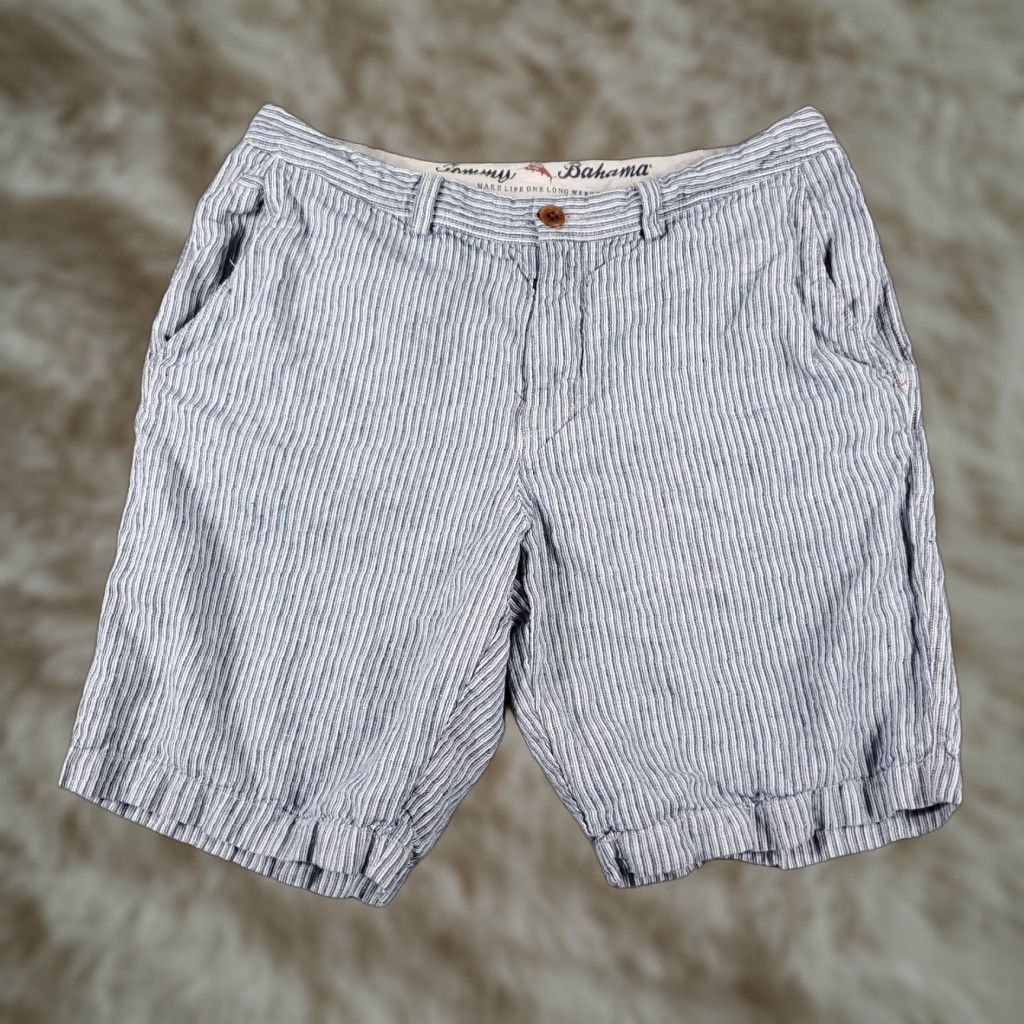 Tommy Bahama VINTAGE Tommy Bahama Shorts Mens Size 33 Linen Blue Striped Flat Front Chino Casual Dress Size US 33 - 1 Thumbnail