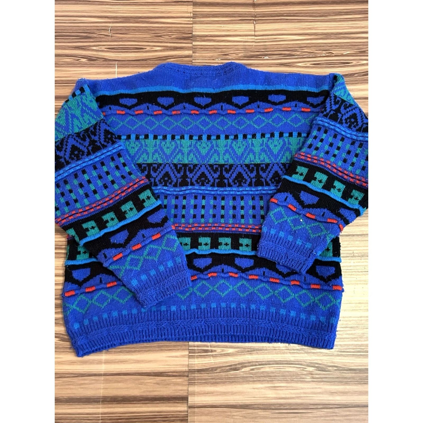 Vintage VINTAGE Concrete Mix Sweater Womens Blue Raglan Sleeve Crew Neck Geometric 80s 90s Bohemian Classic Designer Wool Look? Size L / US 10 / IT 46 - 2 Thumbnail