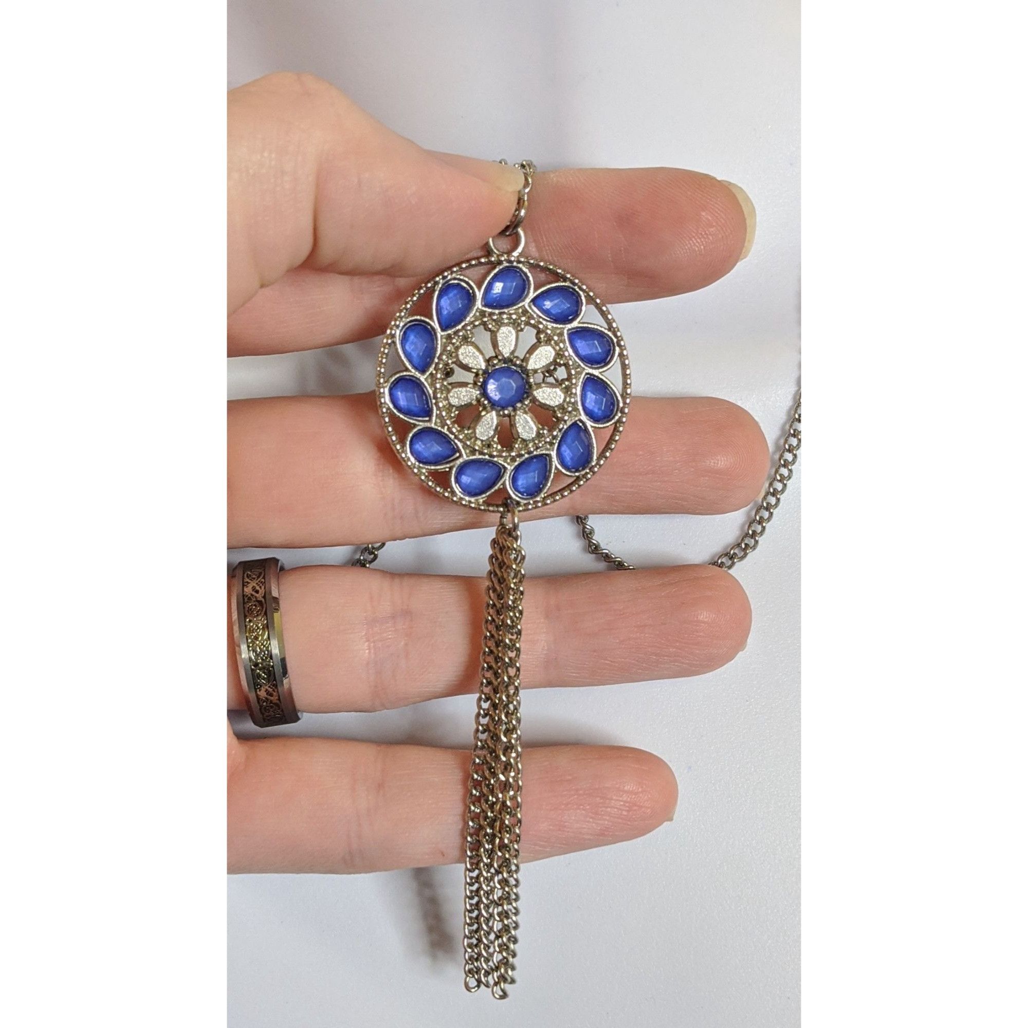 Other Bohemian Blue And Silver Tone Medallion & Tassel Pendant Nec Size ONE SIZE - 1 Thumbnail