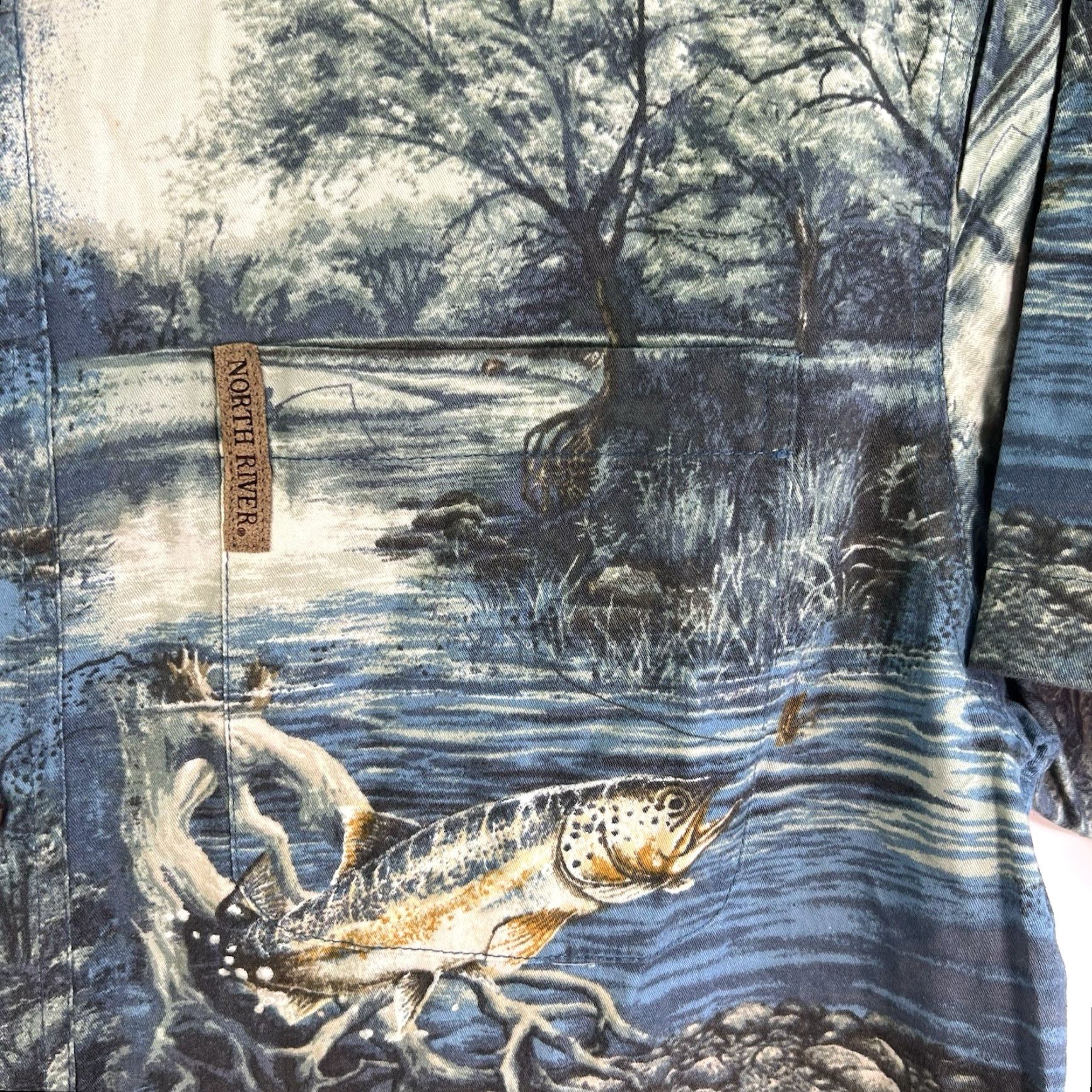 Vintage North River Shirt Men’s M Blue AOP Short Sleeve Graphic Print Fisherman Casual Button-Up 90s Theme Mens Size US M / EU 48-50 / 2 - 3 Thumbnail