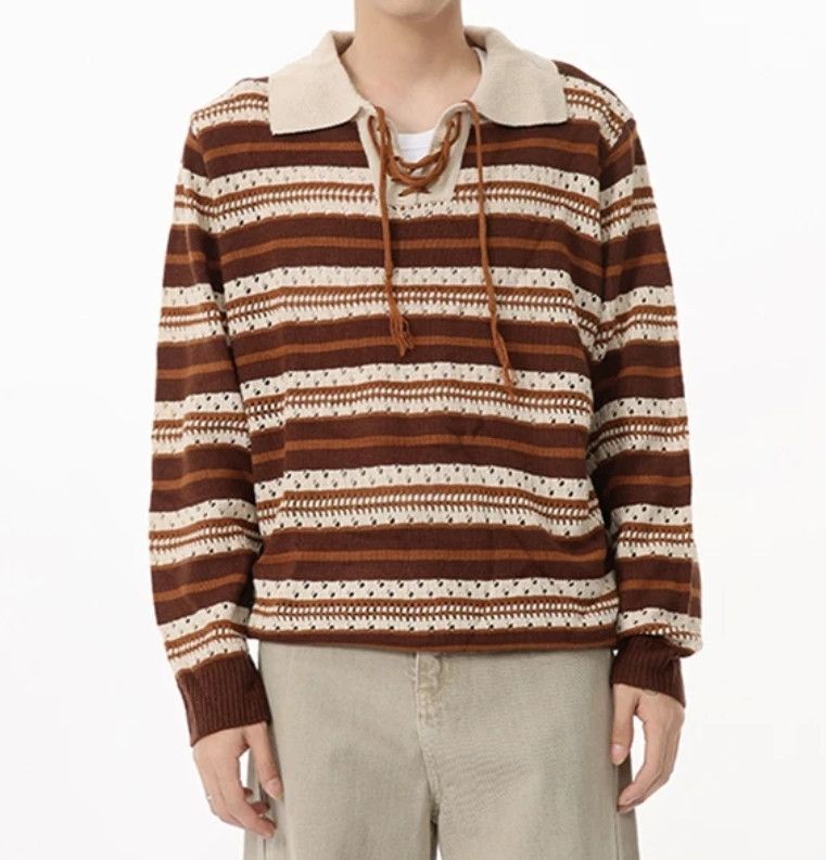Japanese Brand × Vintage Vintage Guy Wide Collar Strap Contrast Stripe Sweater Size US XL / EU 56 / 4 - 3 Thumbnail