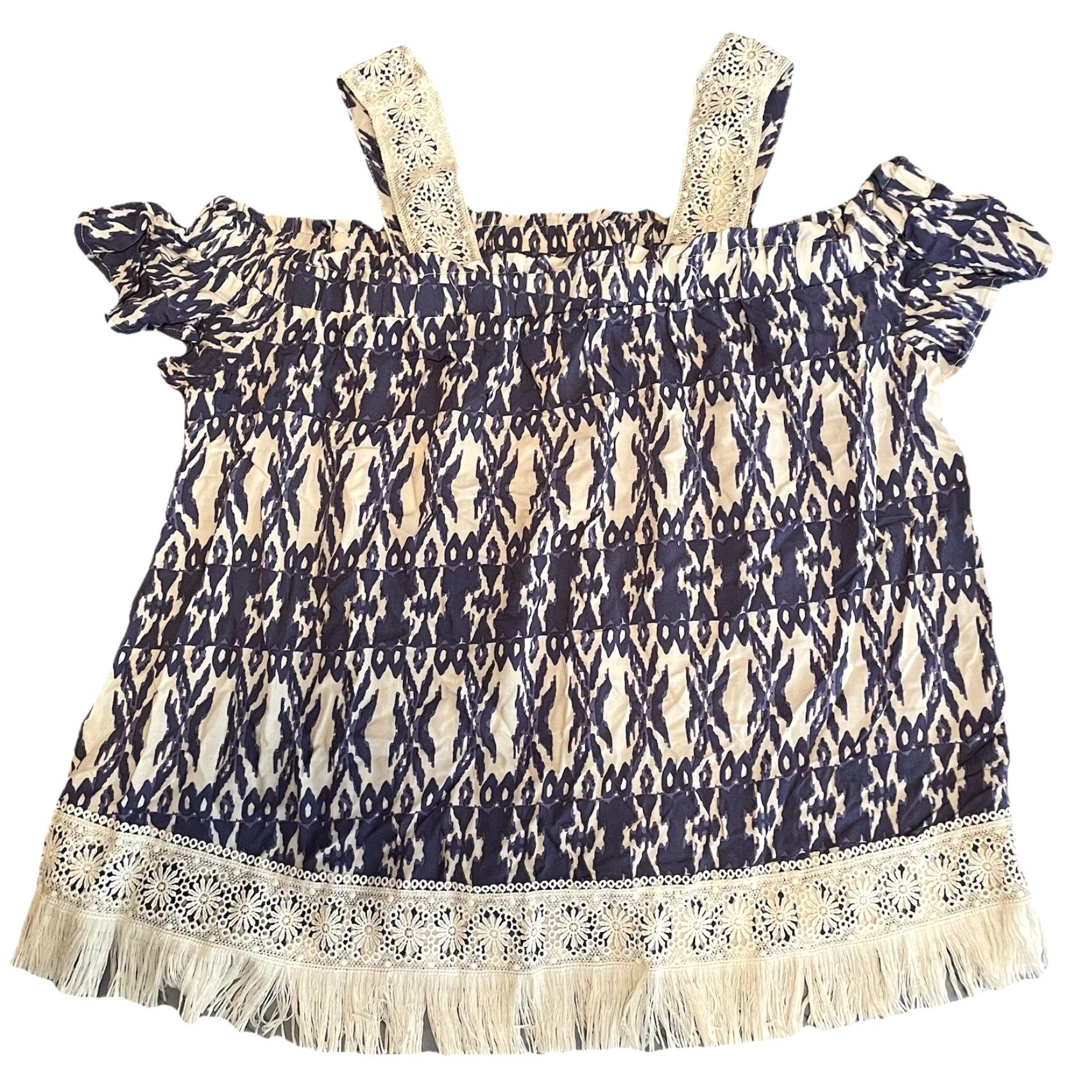 Olive One World Tank Boho Paisley Blue Women’s PM Petite M Fringe Pullover Knit Viscose Cold Shoulder Size M / US 6-8 / IT 42-44 - 6 Thumbnail