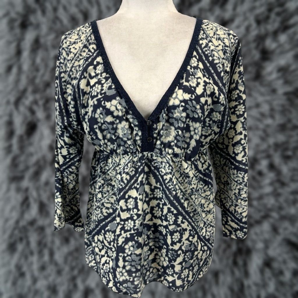 Vintage VINTAGE Denim & Supply Ralph Lauren Peasant Top Blouse Small Navy Tan Size S / US 4 / IT 40 - 1 Thumbnail