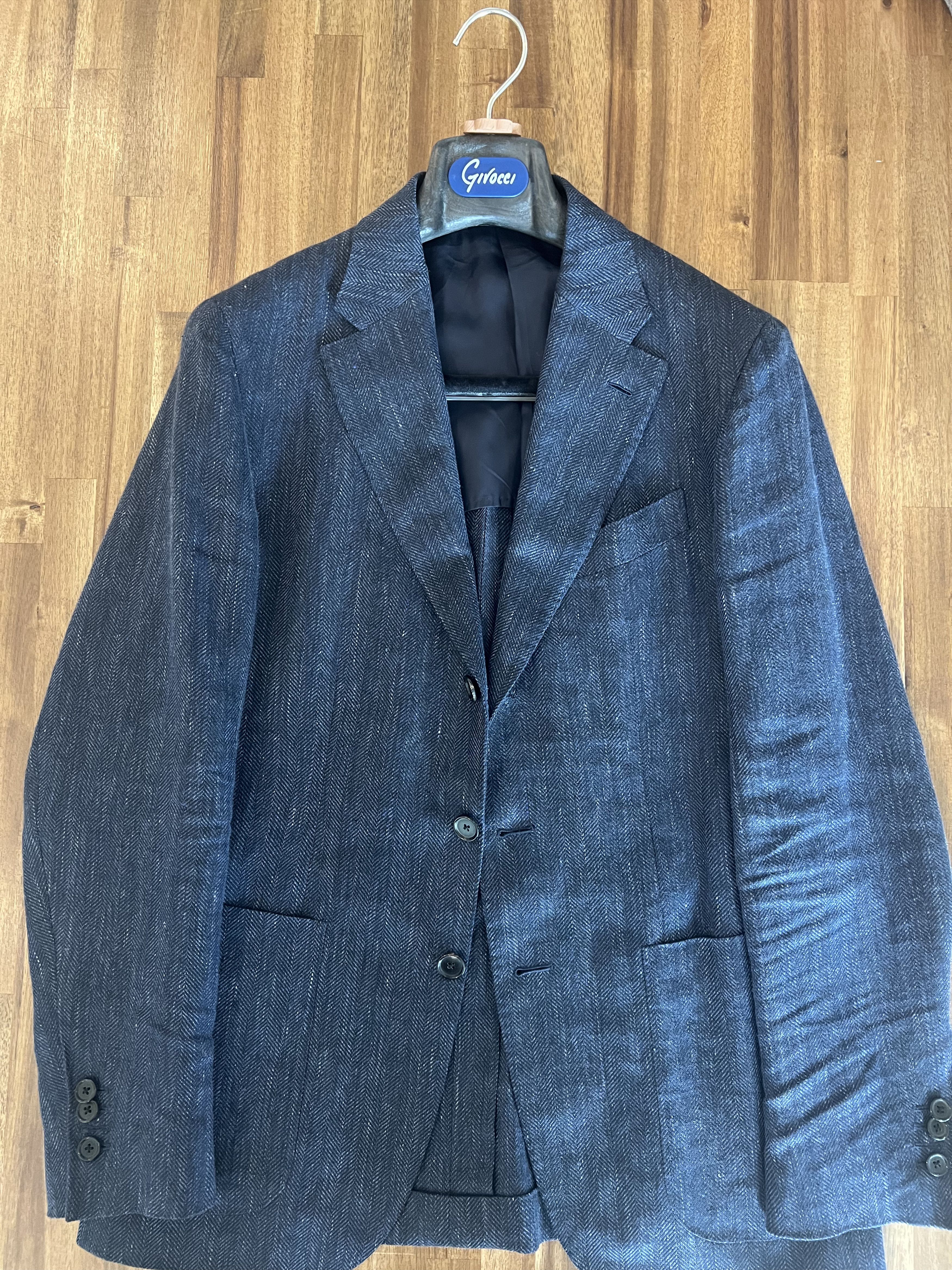Caruso Caruso Blue Linen Wool Herringbone Jacket 38R US Size 38R - 1 Thumbnail