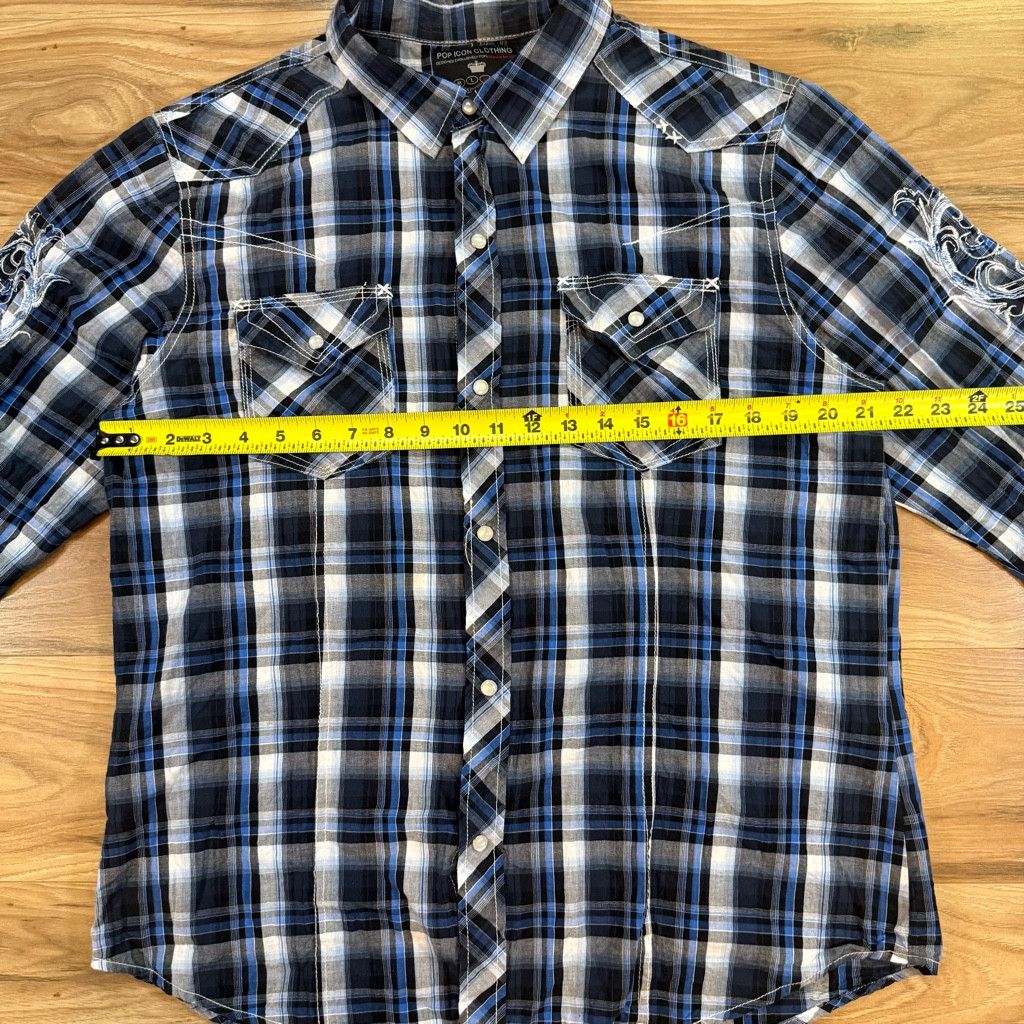 Lucky Brand Pop Icon Embroidered Plaid Western Shirt Blue XL Size 38L - 5 Thumbnail