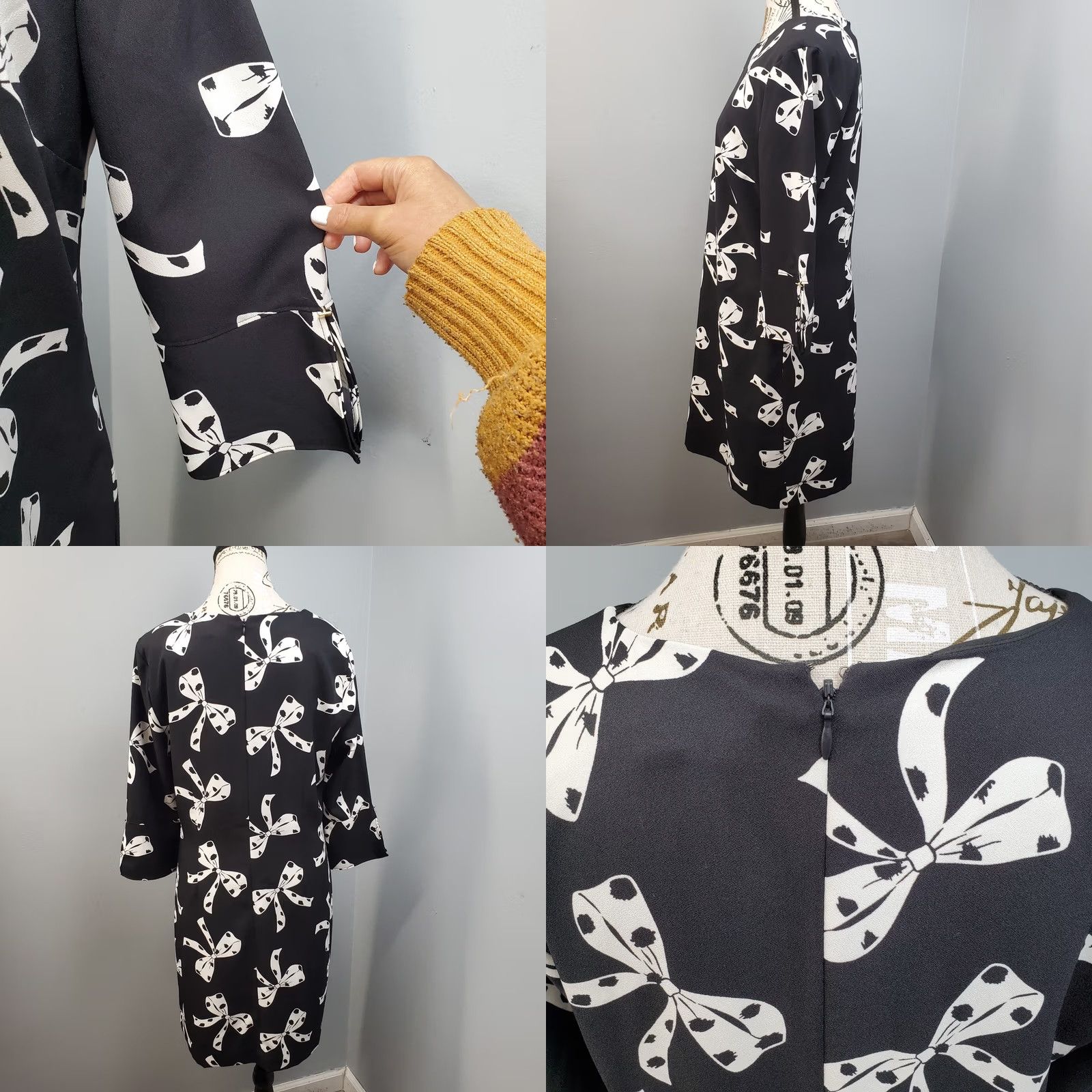 Banana Republic Banana Republic Womens Shift Dress 10 Black White Bow Print Split Cuff Back Zip Size L / US 10 / IT 46 - 8 Thumbnail