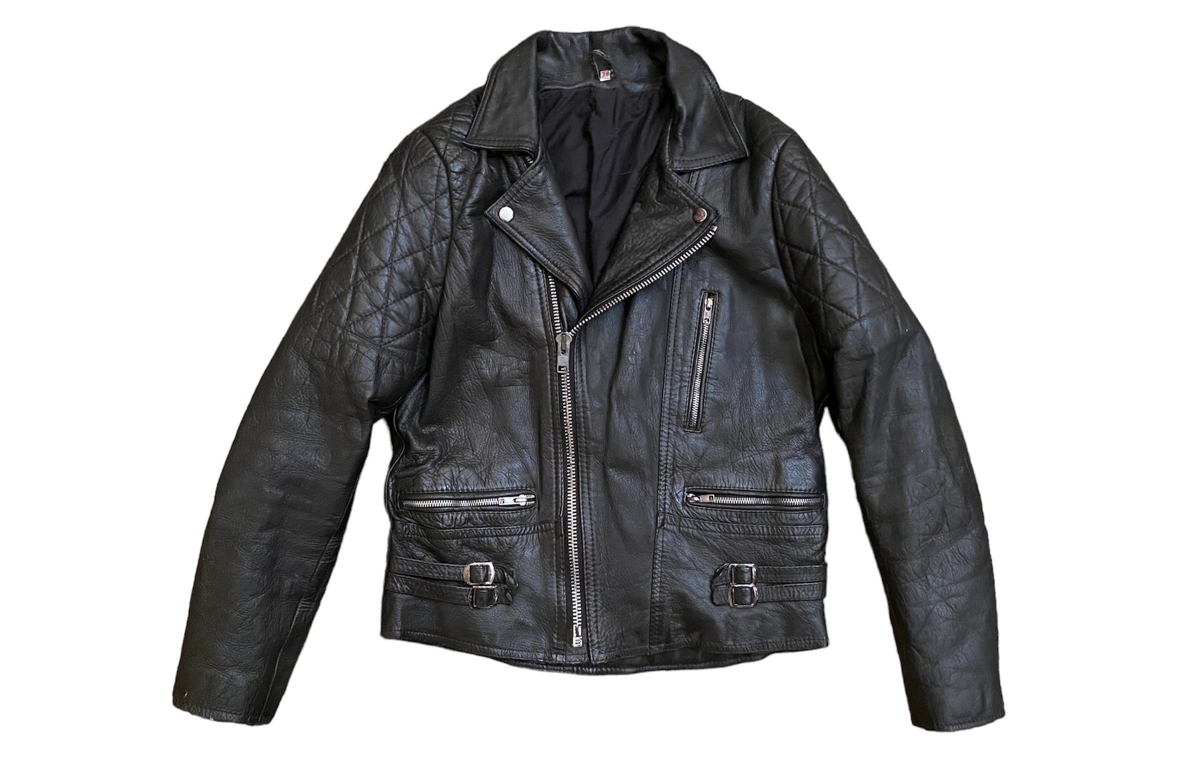 image of Leather Jacket Vintage 80's British Punk Motorcycle Leather Biker Jacket in Black, Men's (Size Smal