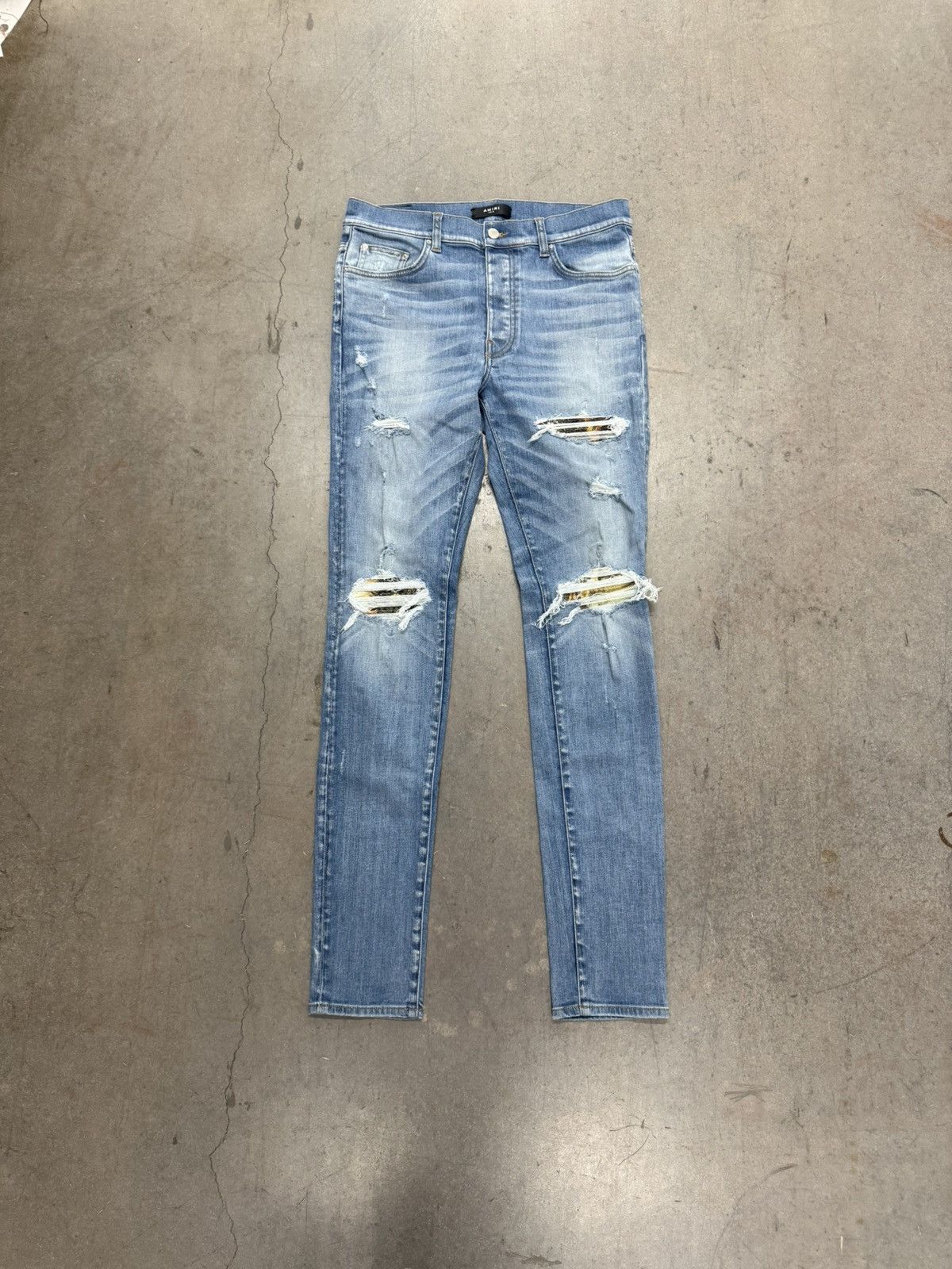 Amiri MX1 SKINNY JEANS CAMO PATCH JEANS LIGHT BLUE Size US 34 / EU 50 - 1 Thumbnail